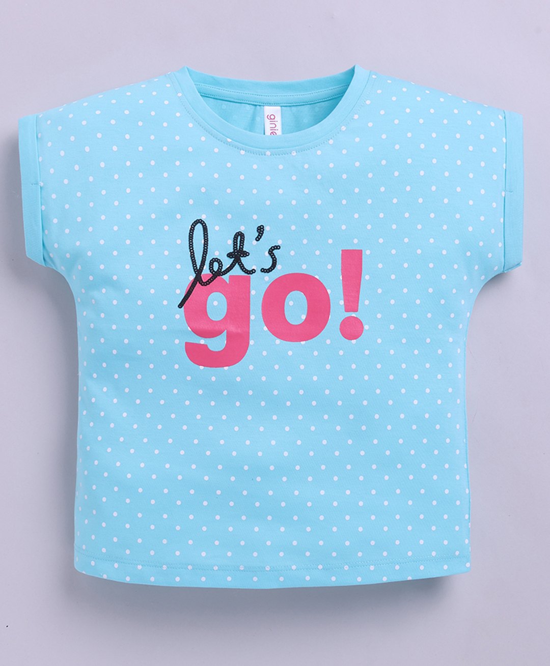 giniekids Pure Cotton Sleeveless Polka Dots & Lets Go Text Printed Top - Aqua Blue-picture-15