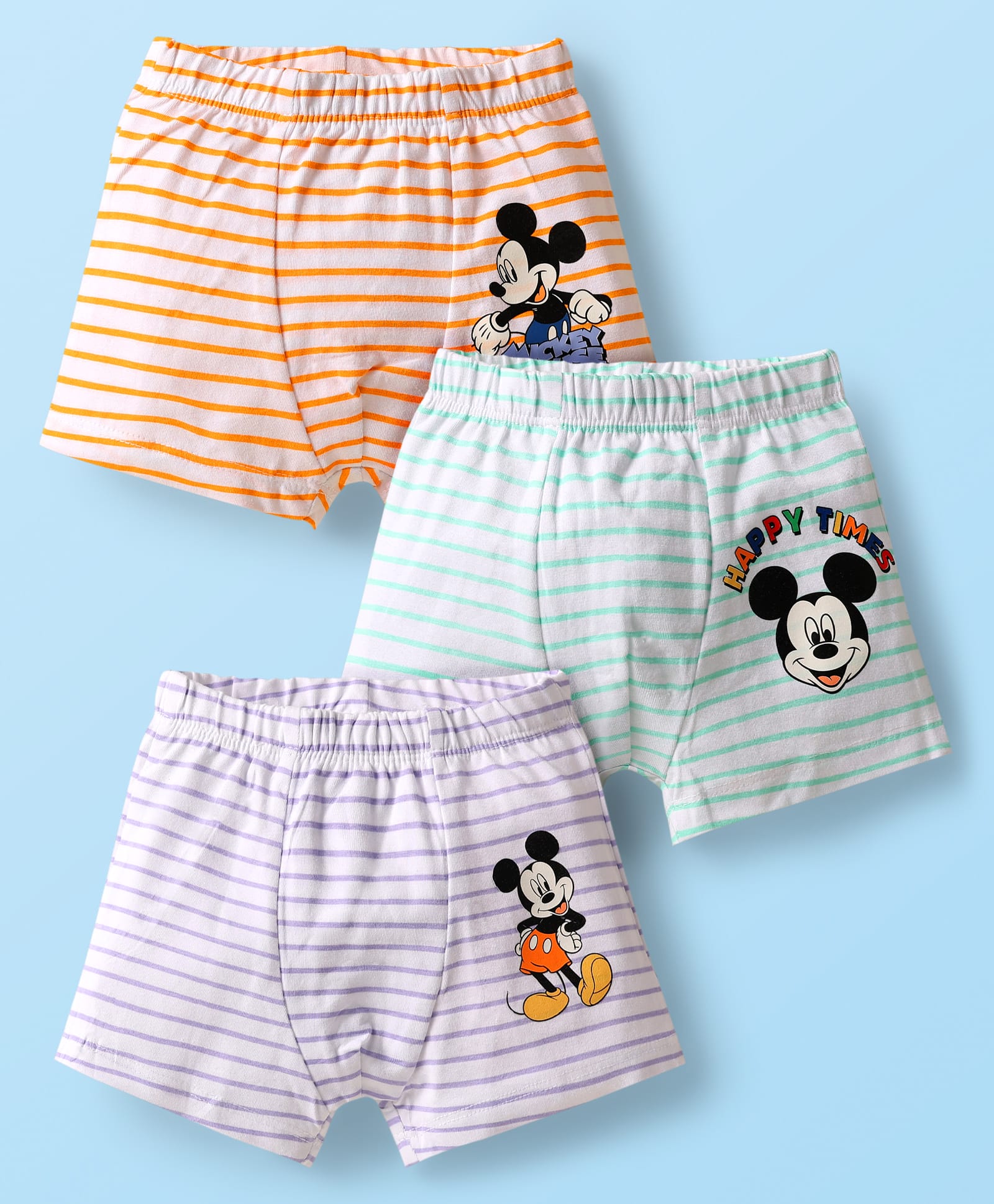 Babyhug Disney 100% Cotton Trunks With Mickey Mouse & Family Graphics Pack Of 3 - Purple Light Green & Orange-image-38