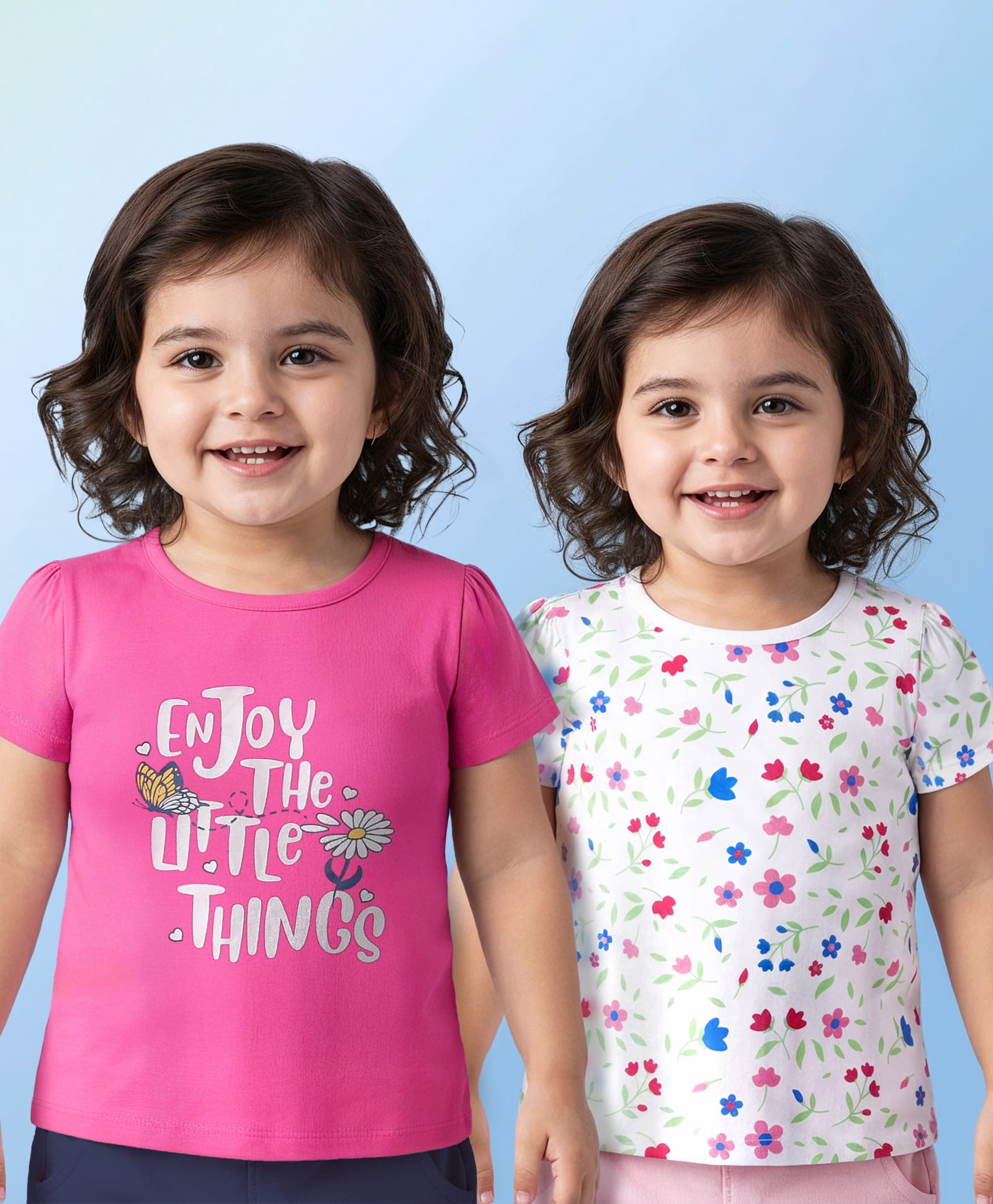 Doodle Poodle 100% Cotton Half Sleeves Floral & Text Printed Tops Pack of 2 - White & Pink-image-41