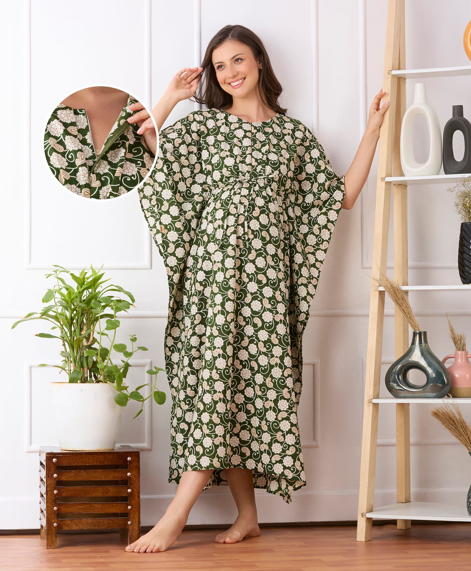 Bella Mama Cotton Woven Maternity Nursing Kaftan With Floral Print - Green-image-47