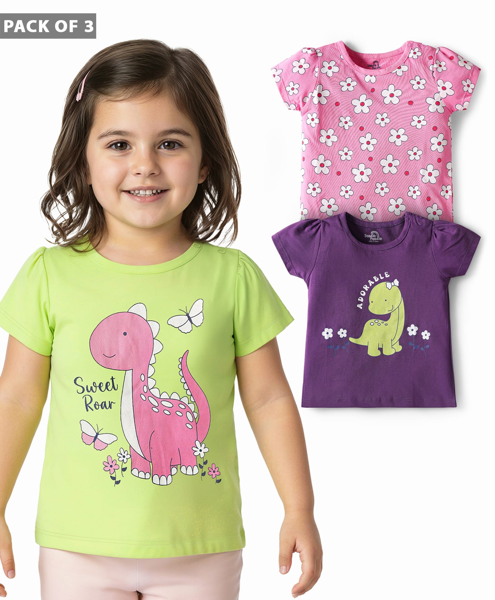 Doodle Poodle 100% Cotton Single Jersey Knit Half Sleeves T-Shirts with Dino & Floral Print Pack of 3 - Pansy Purple Pink Frosting & Wild Lime Green-picture-36