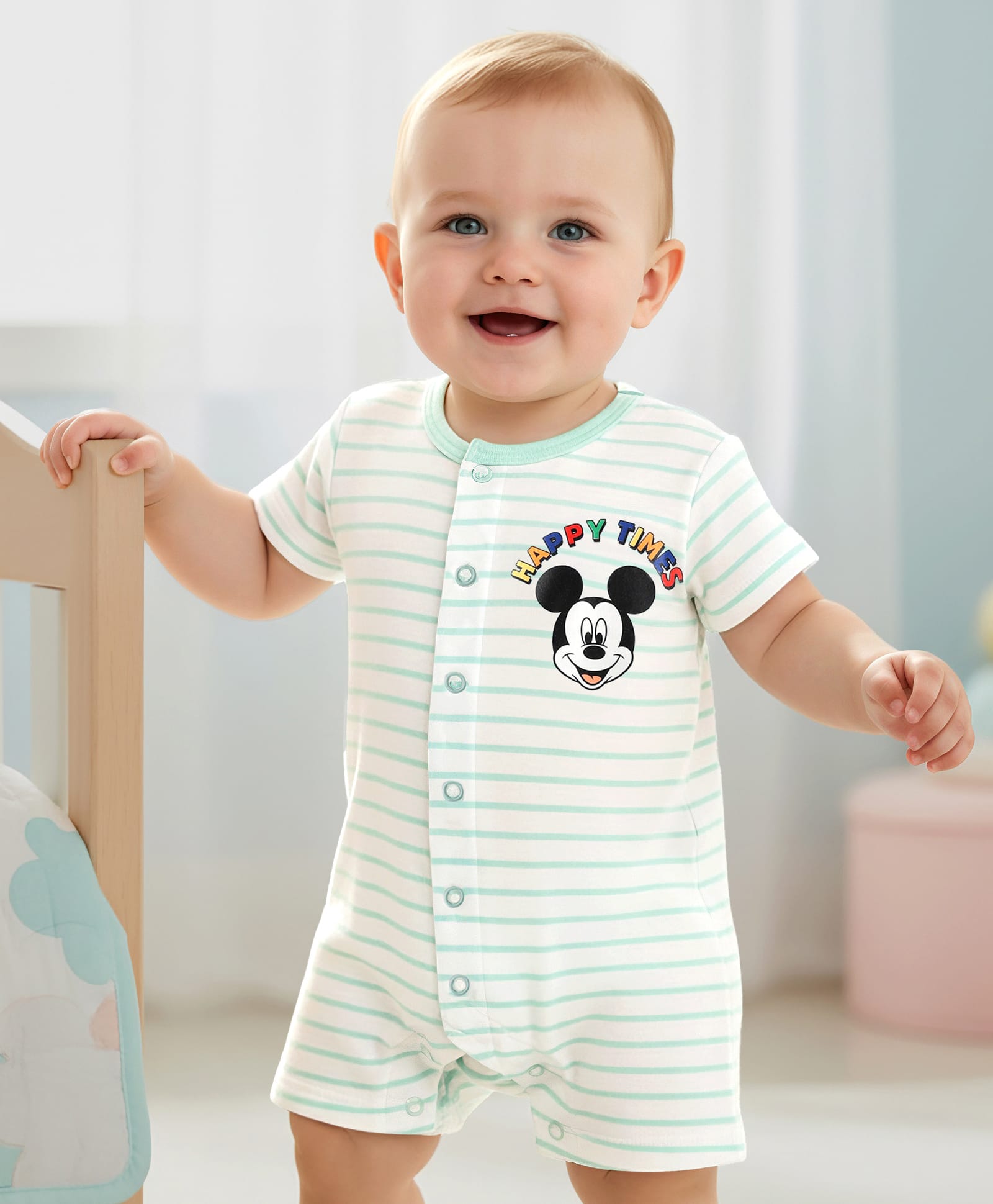Babyhug Disney Interlock Knit Half Sleeves Romper With Mickey Mouse Graphics - Light Green-picture-30