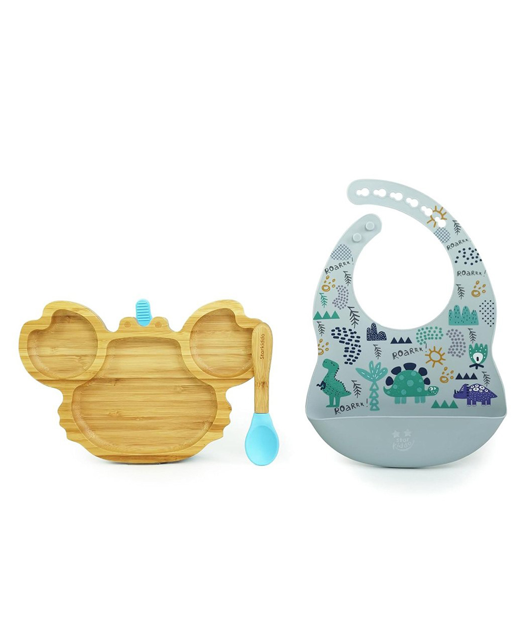 StarKiddo Cute Crab Bamboo Suction Plates with Weaning Spoon and Cute Adjustable Printed Bib for Baby and Toddler - Blue Light- Blue-image-26
