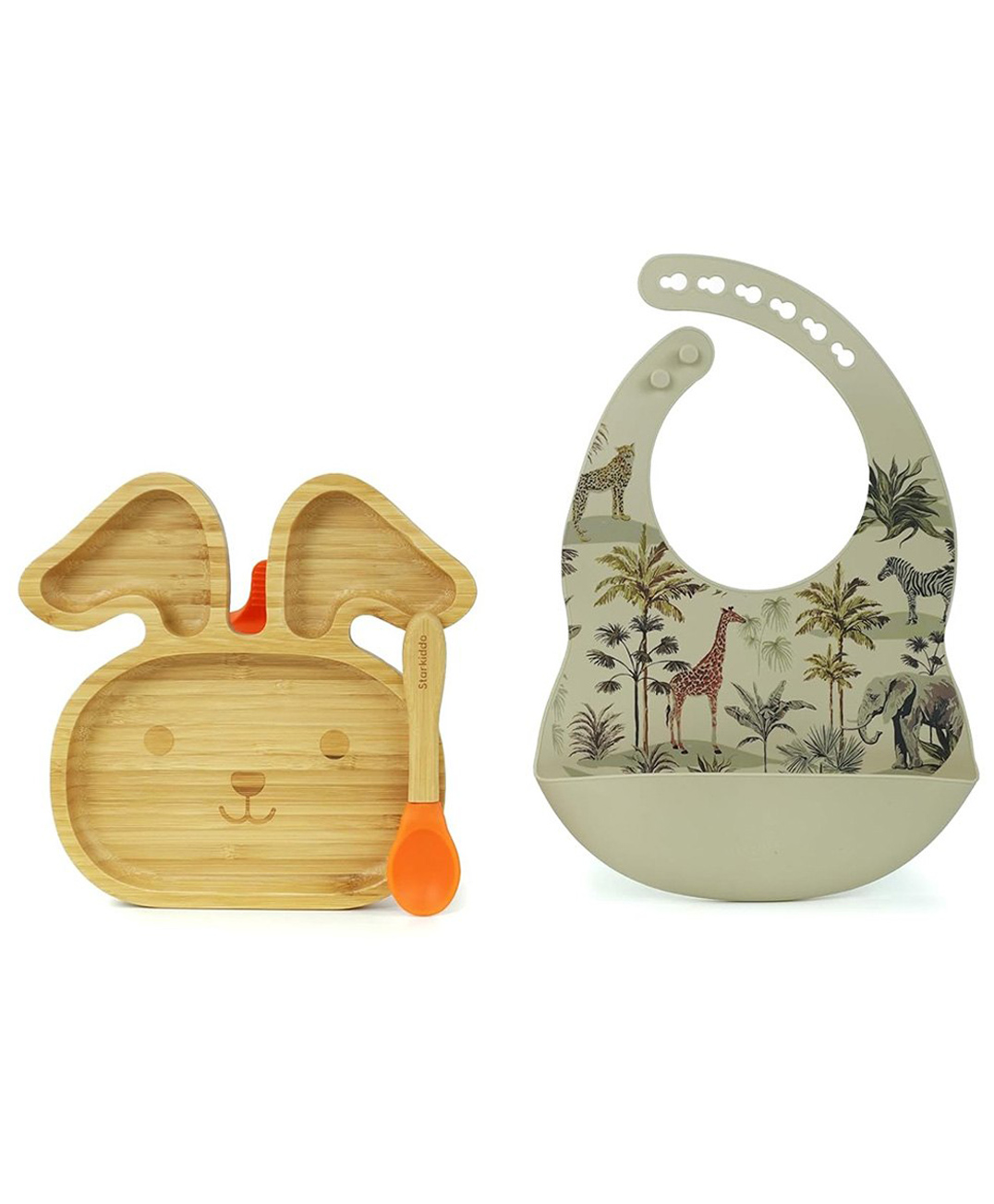 StarKiddo Cute Bunny Bamboo Suction Plates with Weaning Spoon and Cute Adjustable Printed Bib for Baby and Toddler - Orange-Beige-image-49