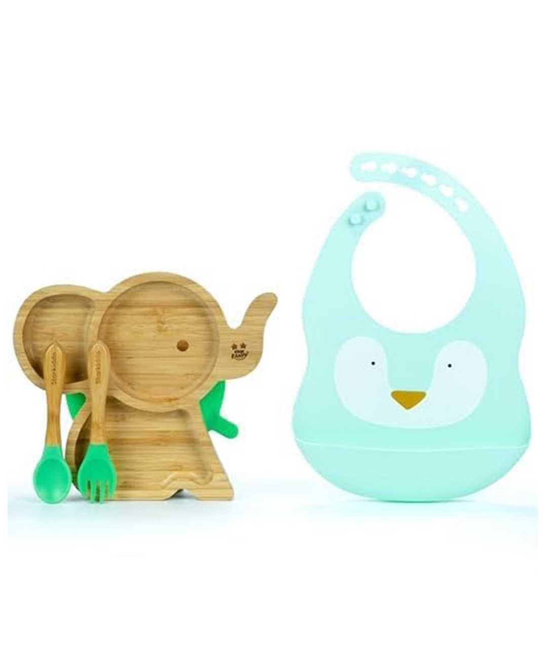 StarKiddo Tusker Bamboo Suction Plates with Weaning Spoon & Fork and Cute Adjustable Printed Bib for Baby and Toddler - Green-Blue-image-27