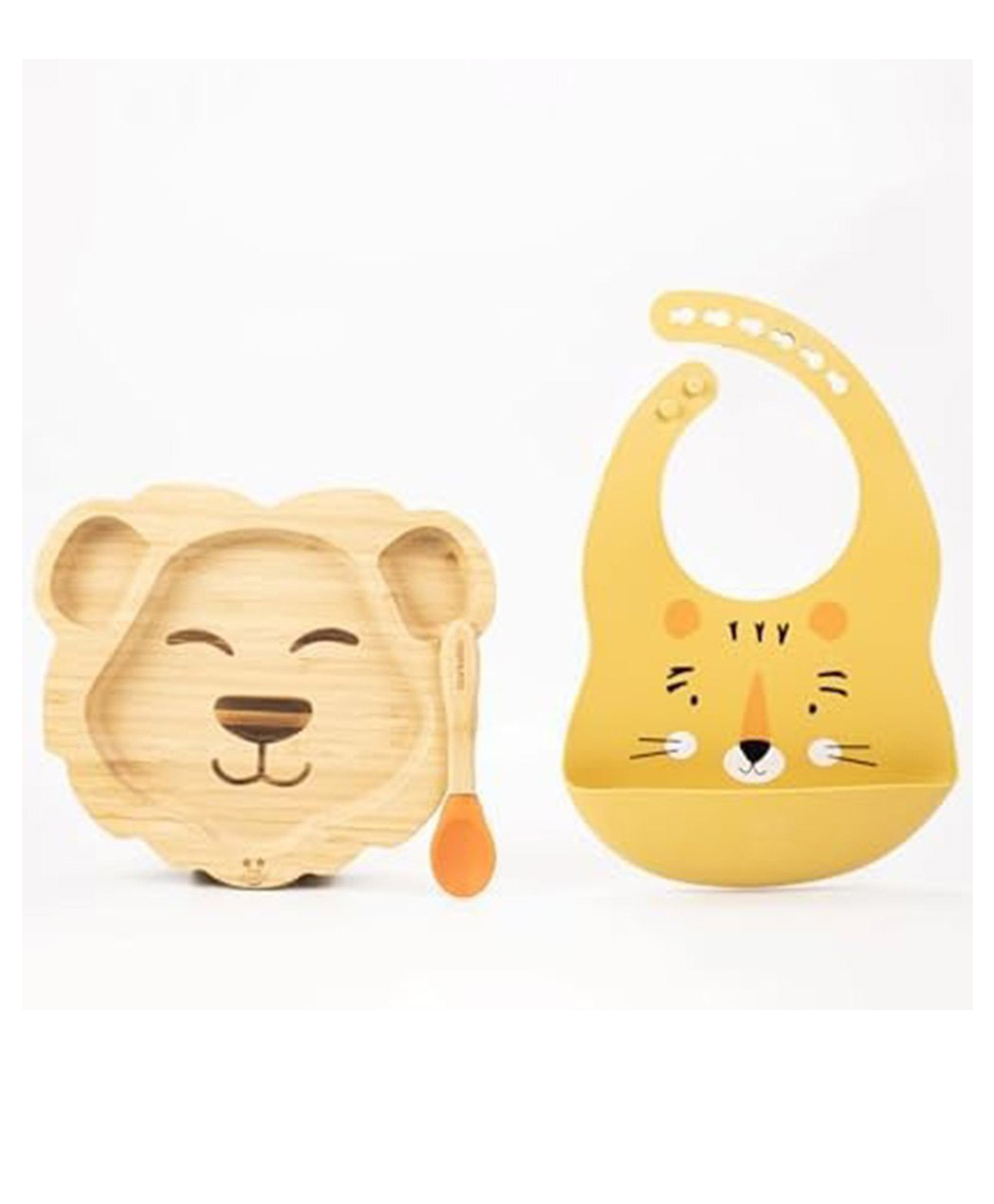 StarKiddo Leo Bamboo Suction Plates with Weaning Spoon and Cute Adjustable Printed Bib for Baby and Toddler - Orange-Yellow-picture-12