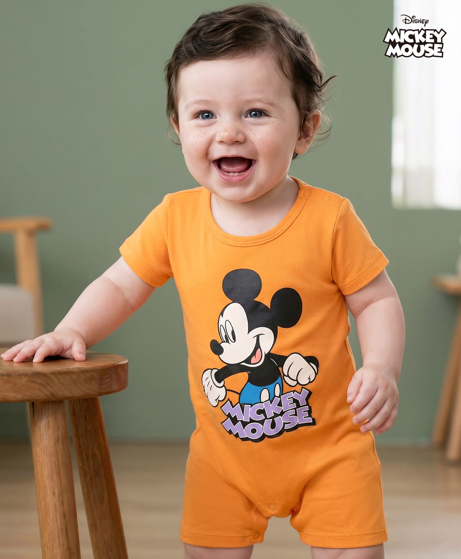Babyhug Disney Interlock Knit Half Sleeves Rompers With Mickey Mouse Graphics - Orange-picture-12