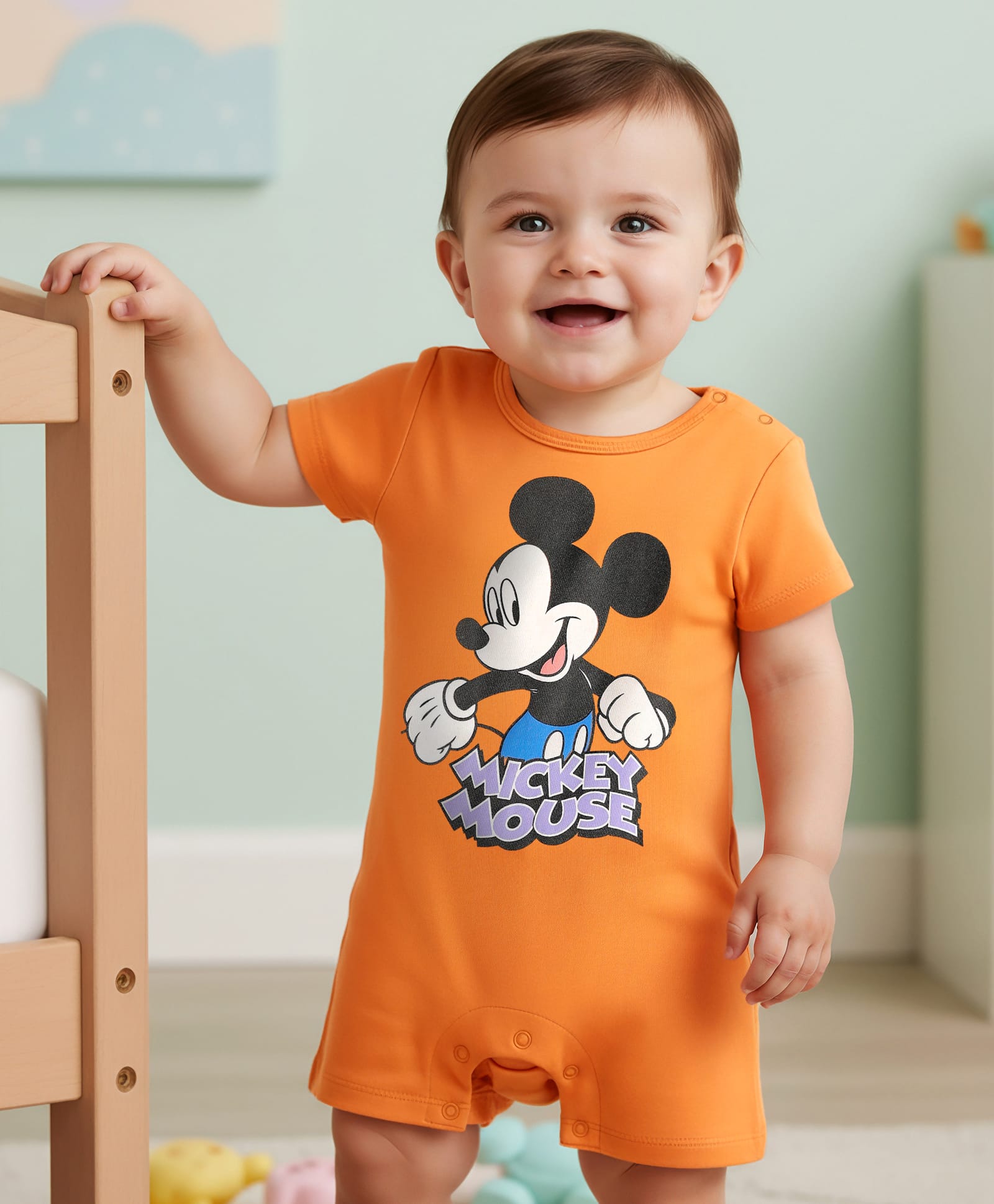 Babyhug Disney Interlock Knit Half Sleeves Rompers With Mickey Mouse Graphics - Orange-picture-17