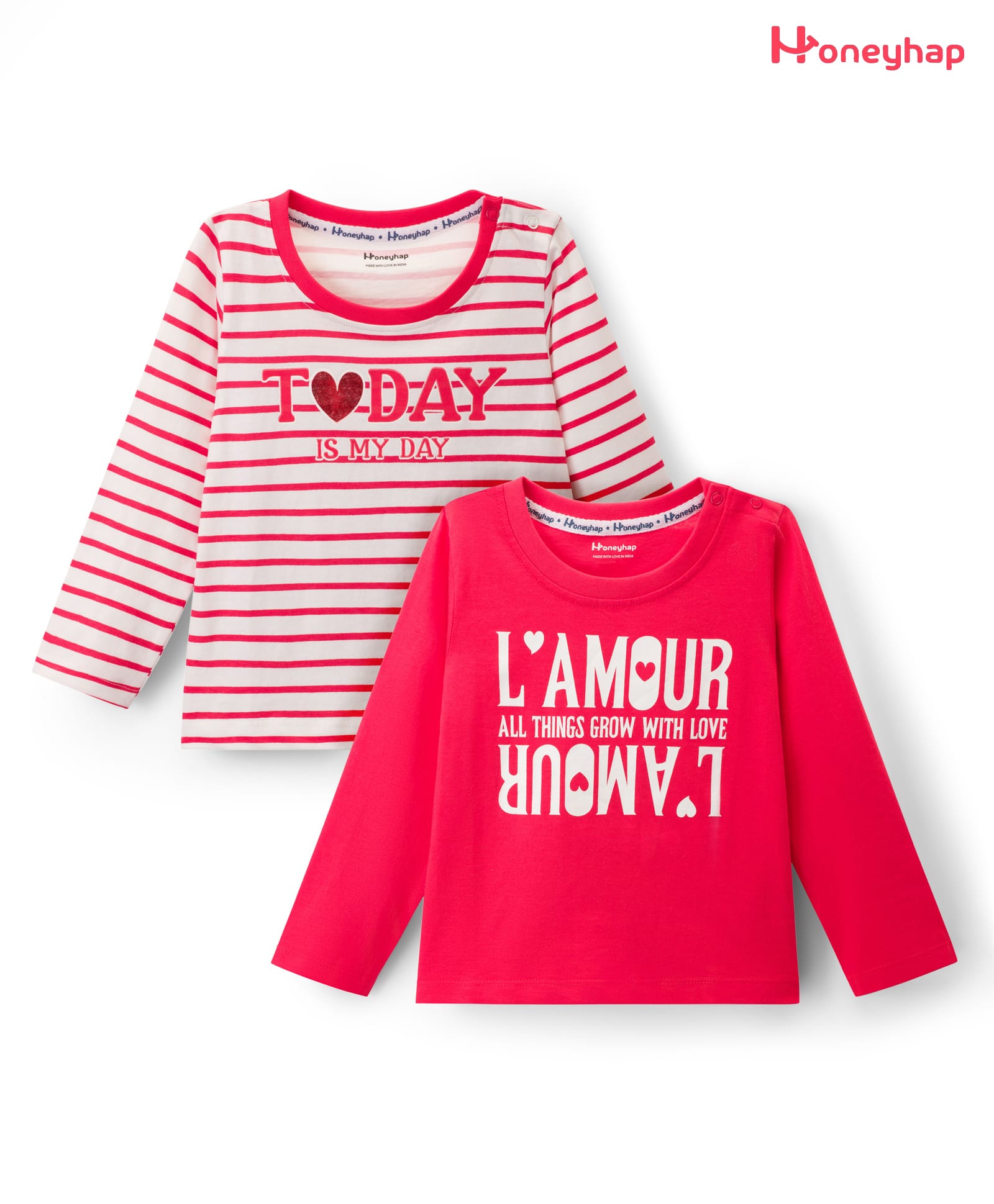 Honeyhap Premium 100% Cotton Knit Bio Finish Full Sleeves T-Shirts with Stripes & Lamour Text Print Pack of 2 - Poppy Red & Bright White-picture-13