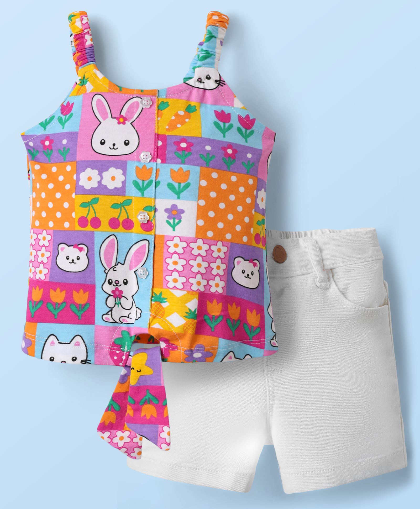Babyhug Single Jersey Knit Singlet Top & Shorts Set with Bunny Print - White Purple & Pink-image-4