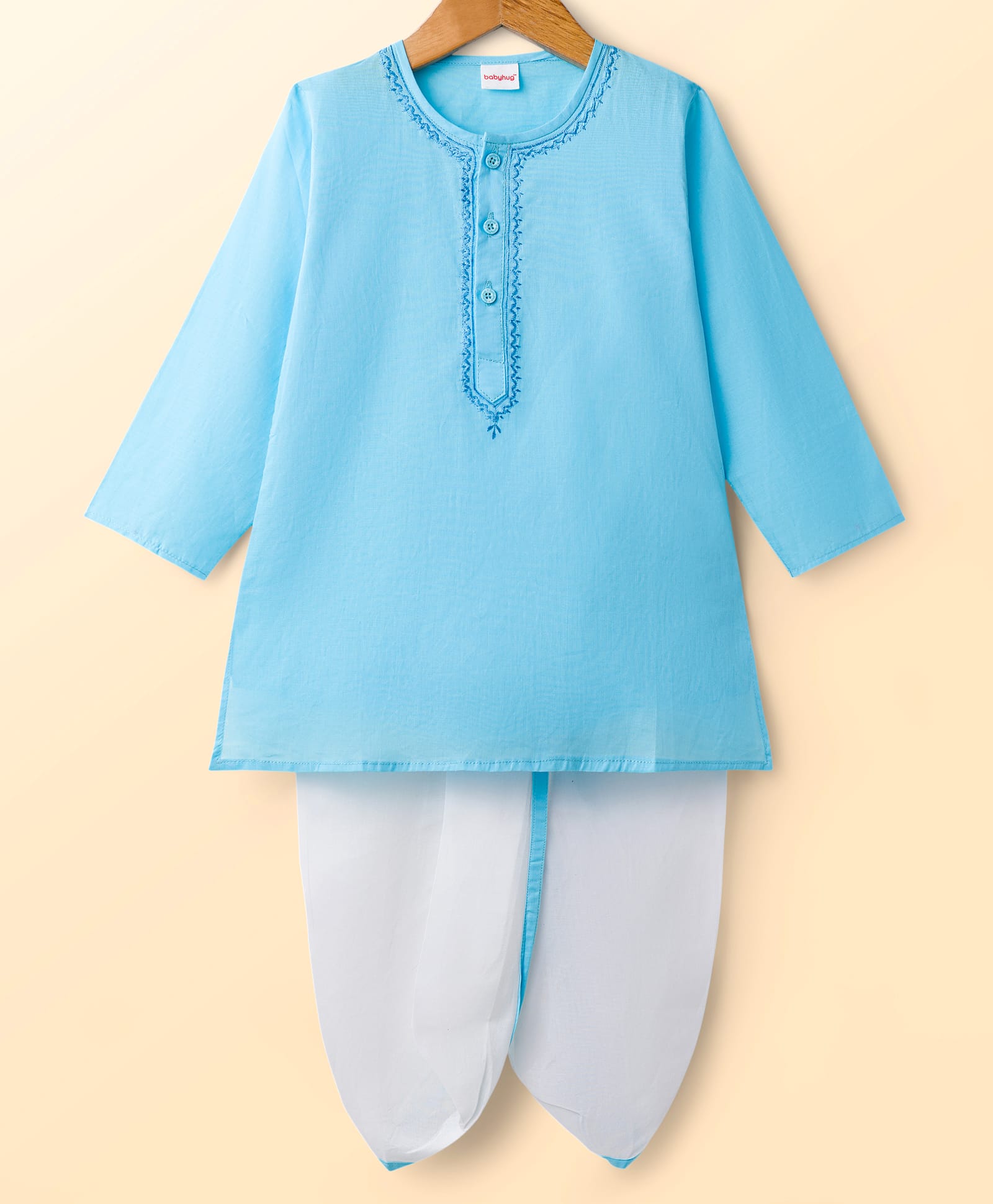 Babyhug Cambric Full Sleeves Solid Color Kurta Dhoti Set - Aqua Blue-image-30