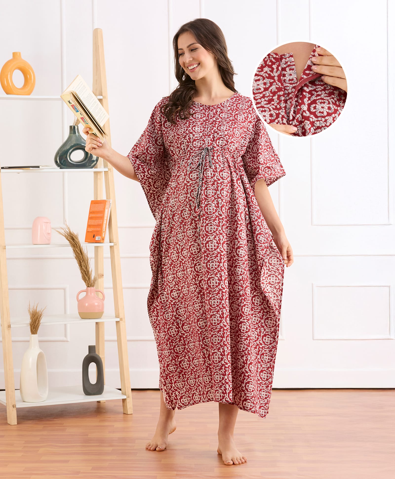 Bella Mama Cotton Woven Maternity Nursing Kaftan With Floral Print - Red-image-48