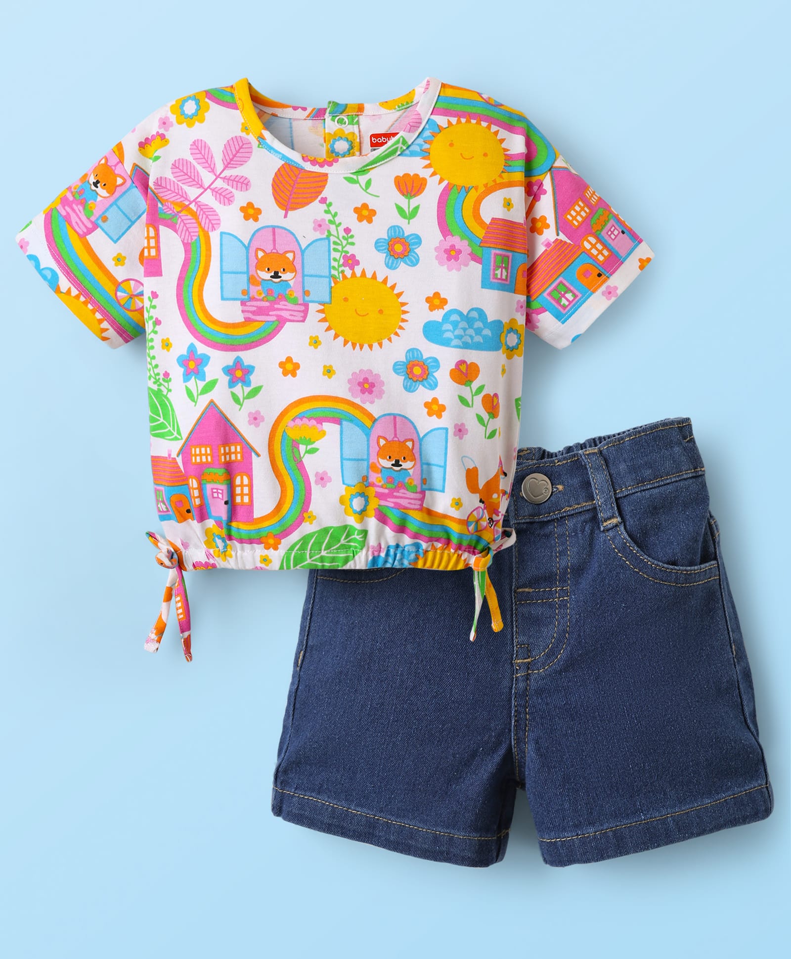 Babyhug Single Jersey Knit Half Sleeves Top & Shorts Set with Floral Print - White & Navy Blue-image-25