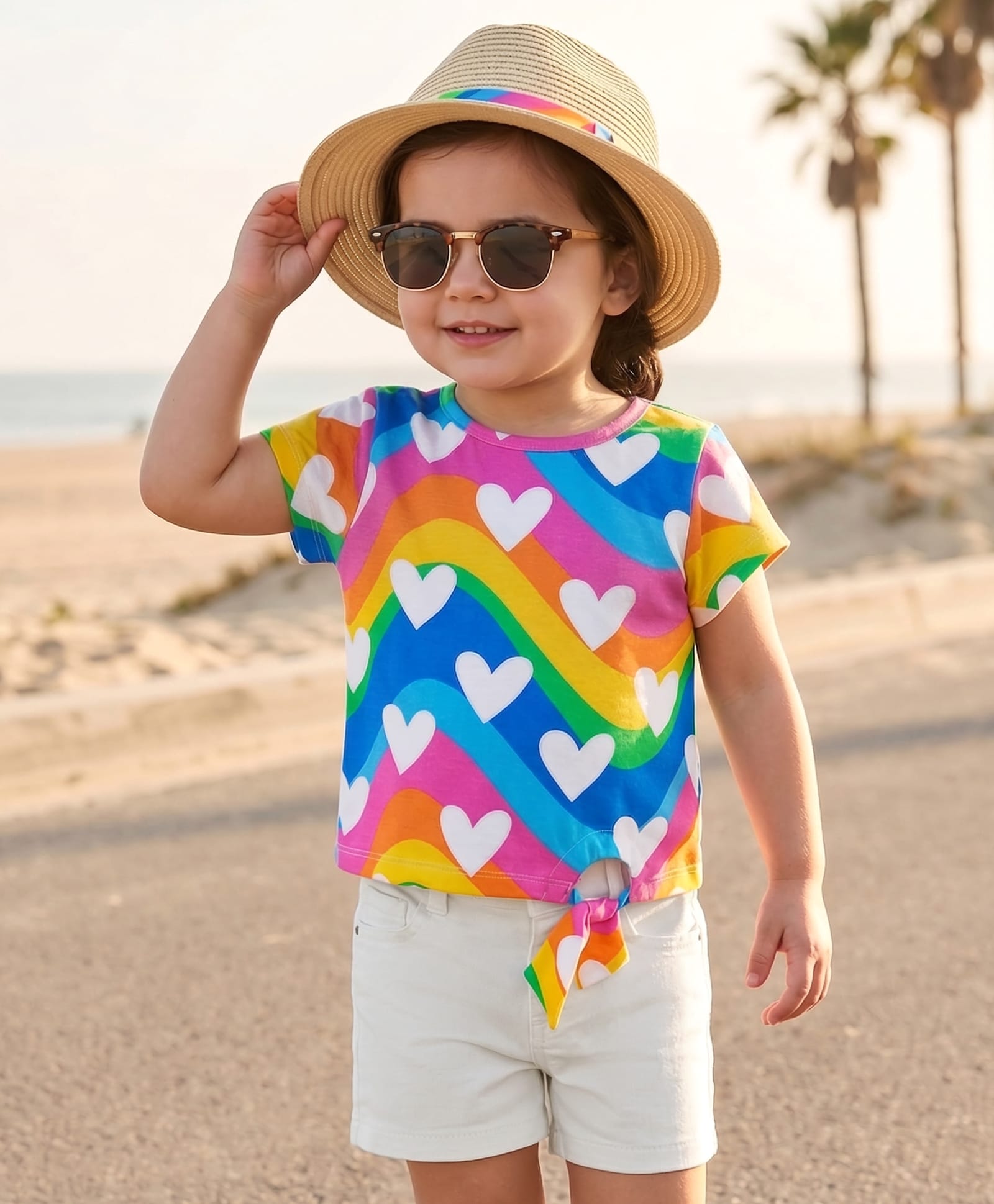 Babyhug Single Jersey Knit Half Sleeves Top & Shorts Set with Heart & Rainbow Print - White & Blue-picture-21