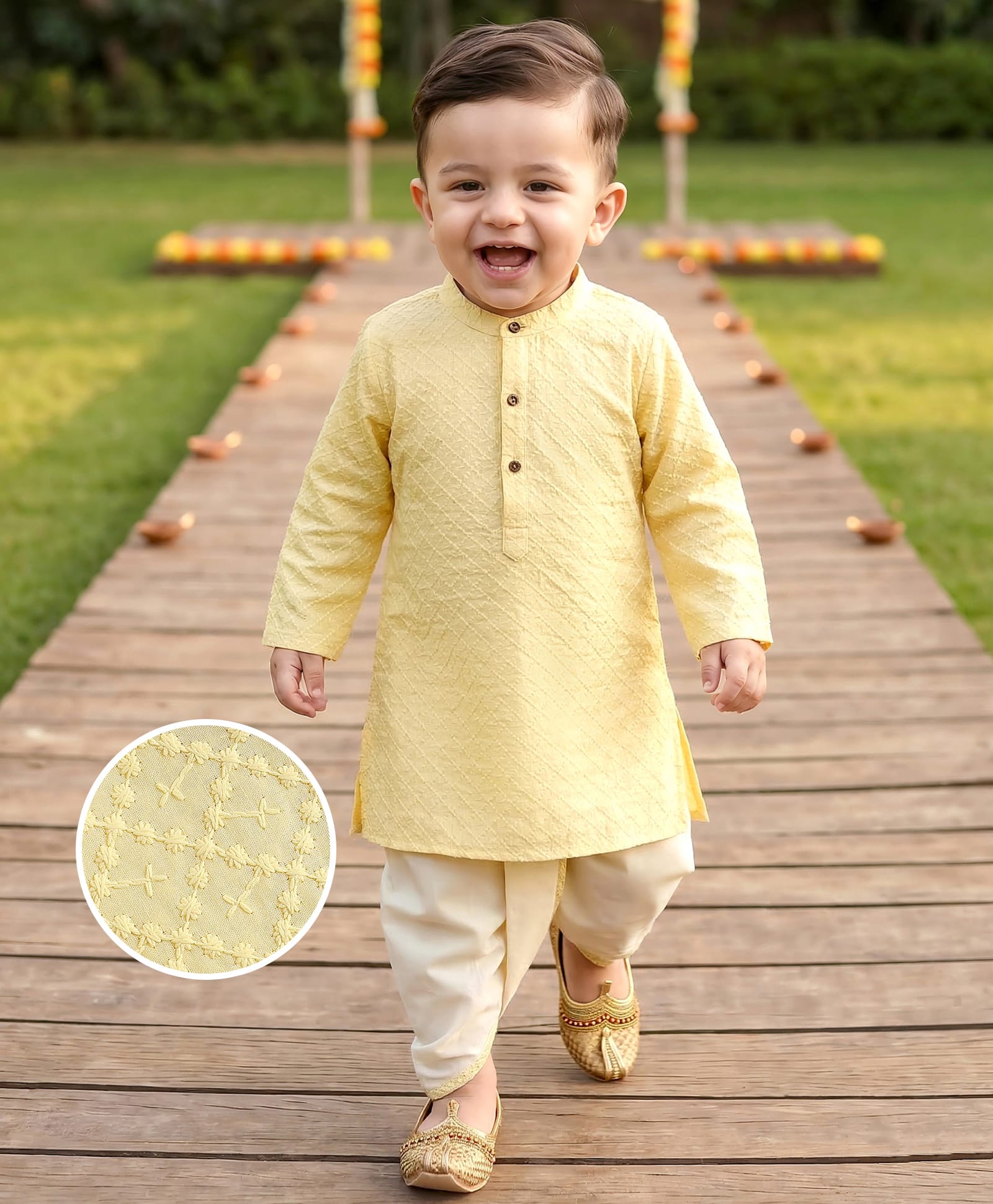 Babyhug Cotton Woven Full Sleeves Dhoti Kurta Set With Textured Design - Yellow-image-4