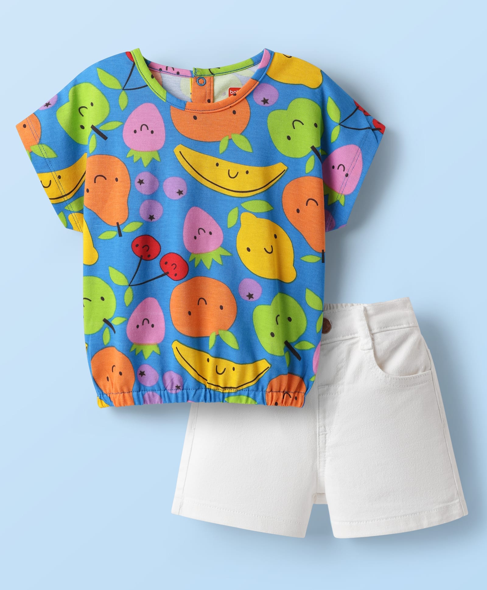 Babyhug Single Jersey Knit Half Sleeves Top & Shorts Set with Tropical Print - White & Blue-picture-34