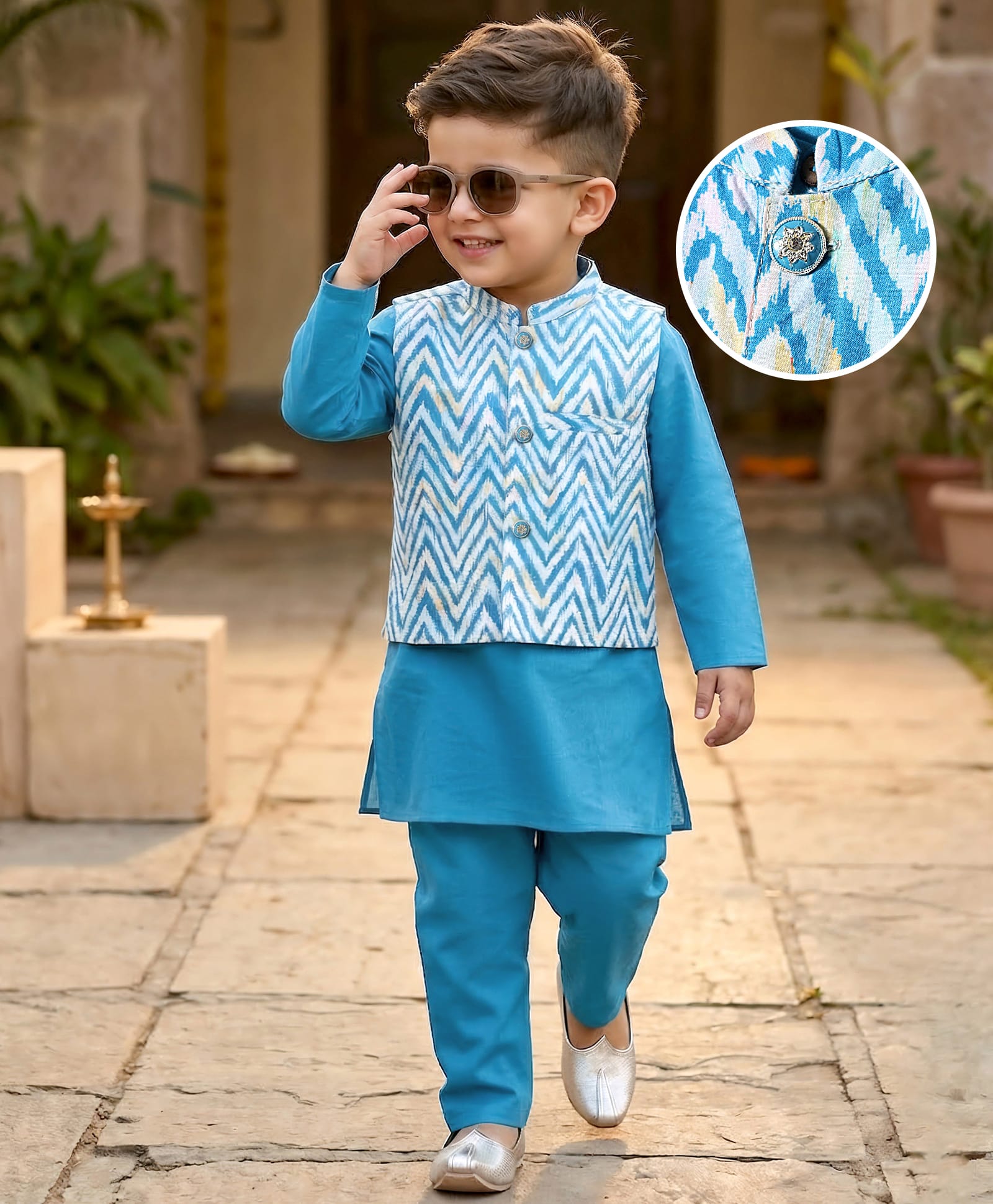 Babyhug Cotton Woven Full Sleeves Kurta Pyjama Set With Printed Waistcoat - Teal Blue-picture-24