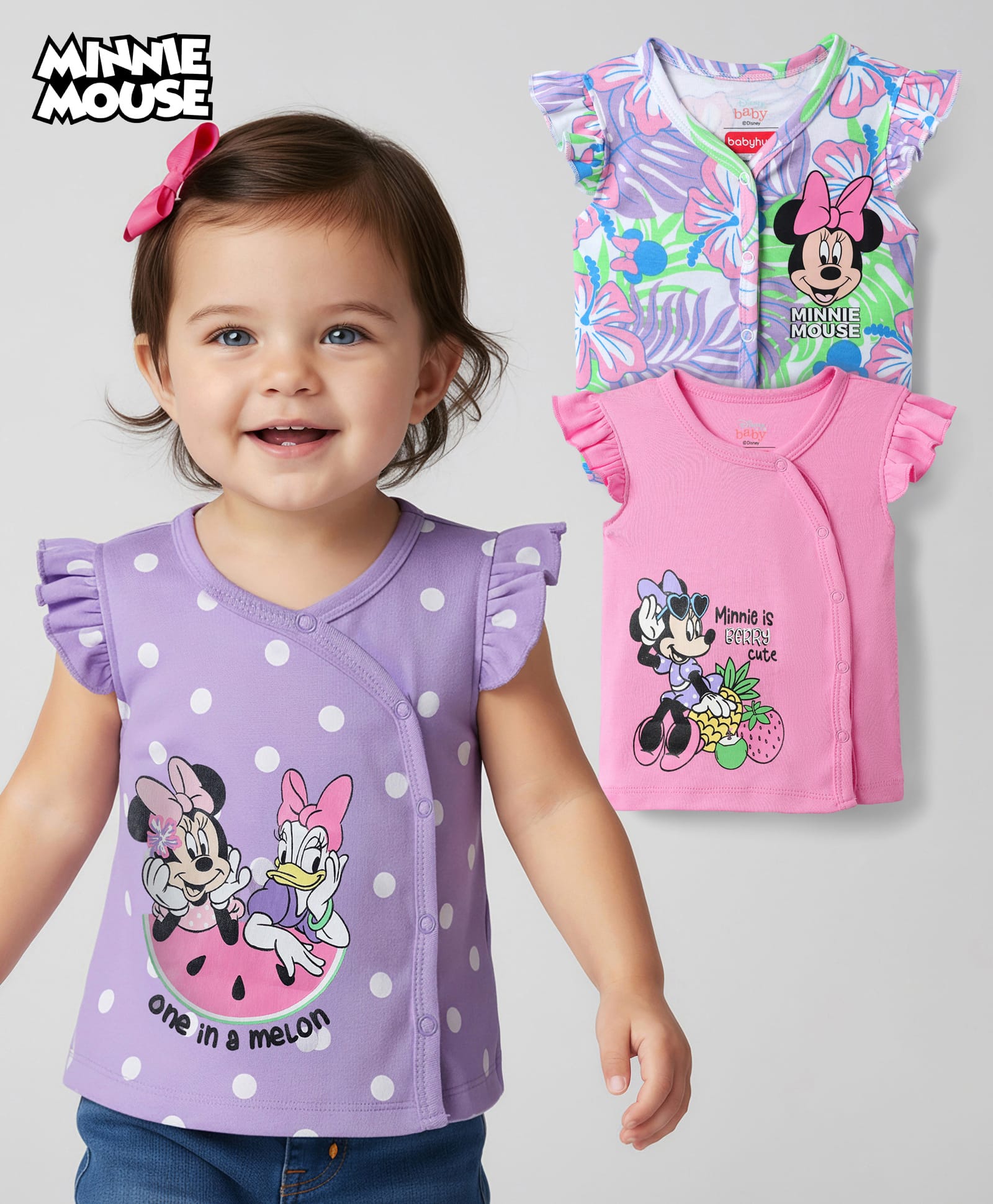 Babyhug Disney 100% Cotton Frill Sleeves Front Open Jhablas With Minnie Mouse Graphics Pack Of 3 - Lilac Pink & Green-picture-18
