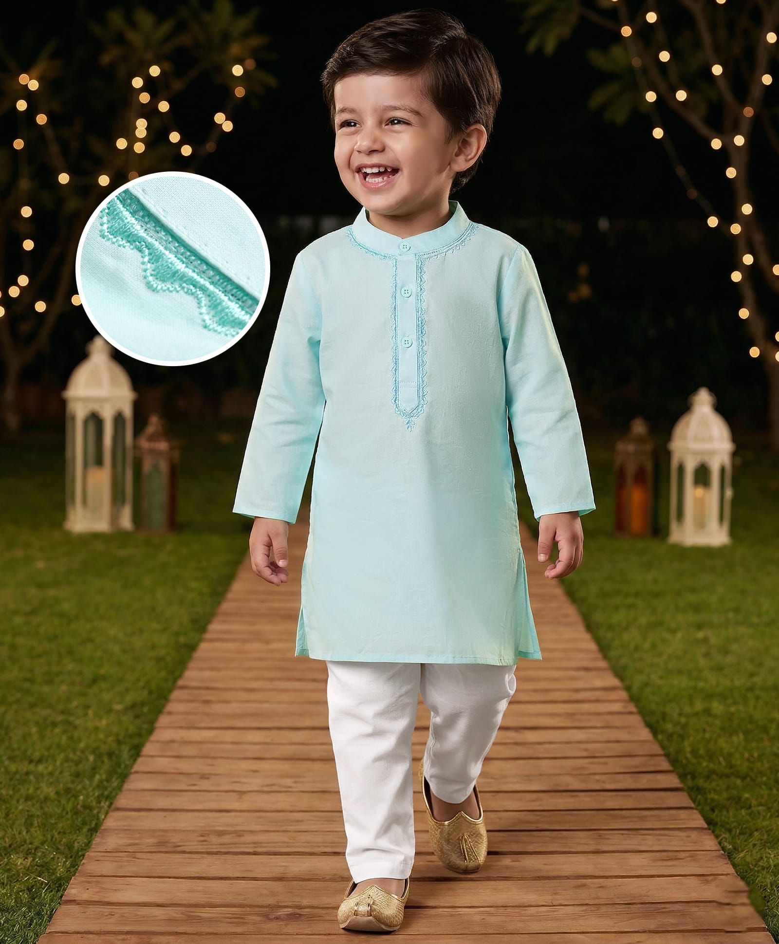 Babyhug Cotton Woven Full Sleeves Solid Color Kurta Pajama Set with Neck Embroidery Detailing - Light Blue & White-image-25