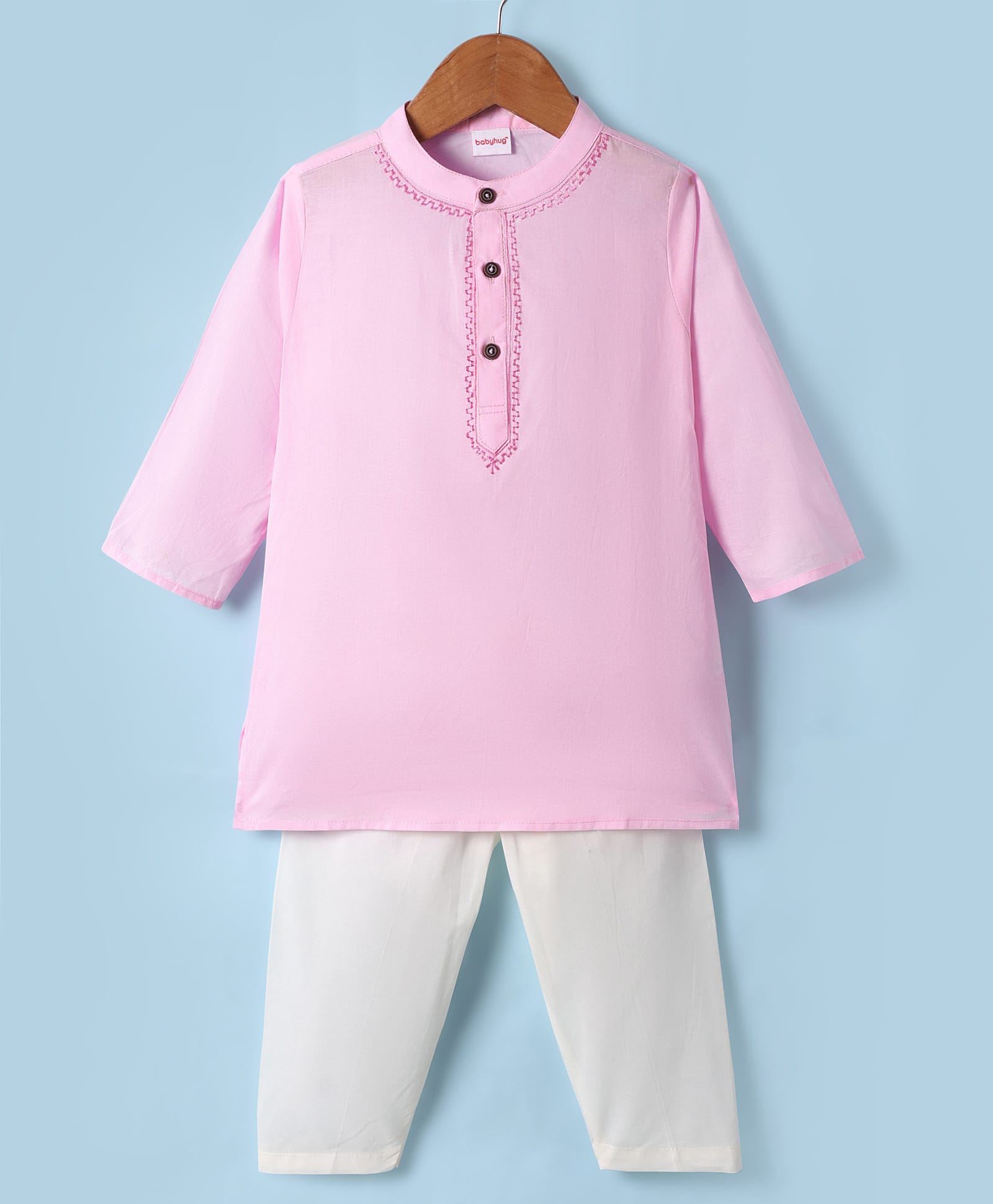 Babyhug Woven Full Sleeves Solid Colour Kurta Pajama Set - Pink & White-picture-32