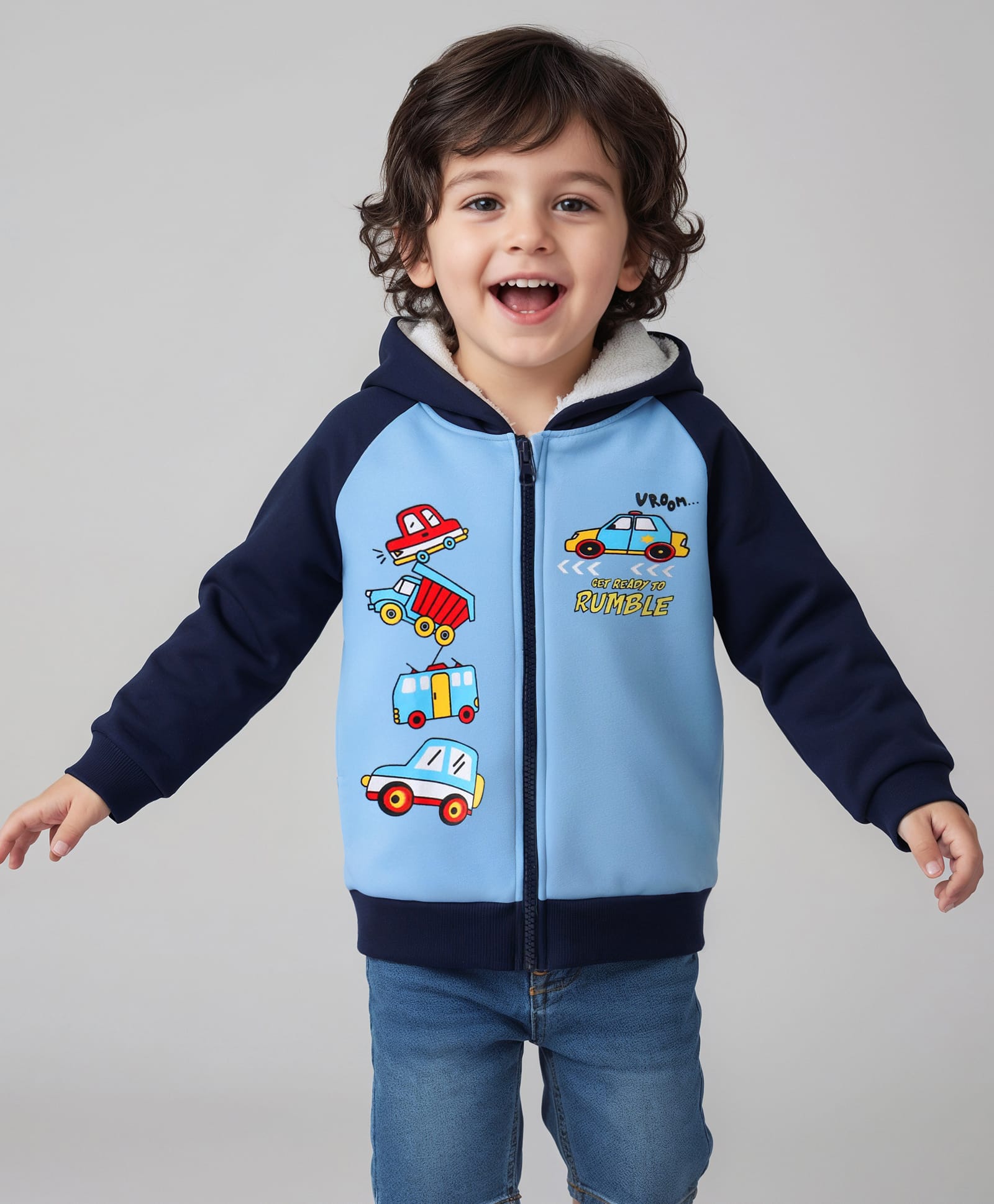 Mark & Mia Fleece Knit Full Raglan Sleeves Front Open Hooded Sweatjacket With Vehicles Print - Light Blue-picture-10