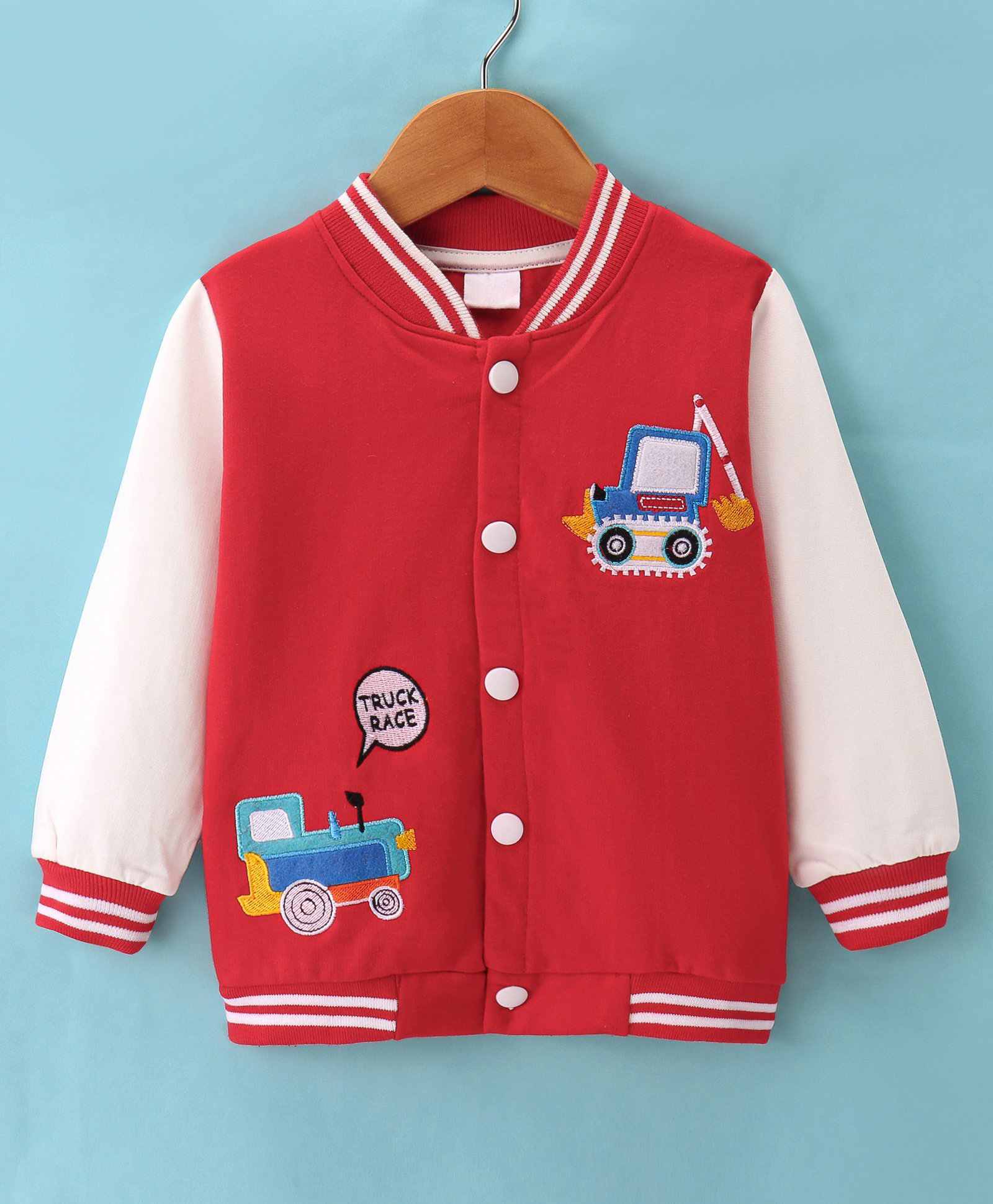Mark & Mia Full Sleeves Front Open Bomber Jacket With Vehicle Embroidery - Red-image-23