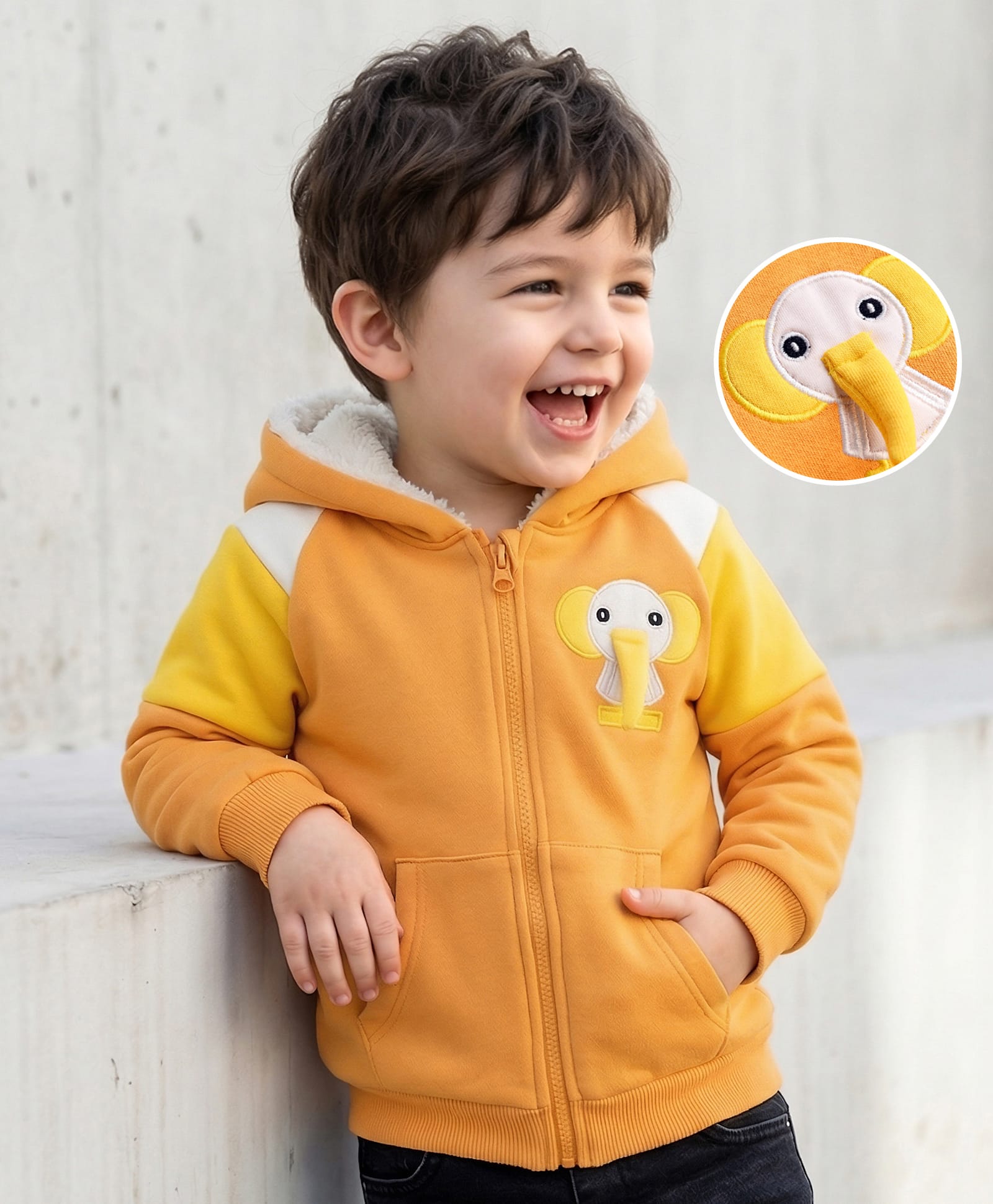Mark & Mia Fleece Knit Full Sleeves Cut & Sew Hooded Sweatjacket with Elephant Applique - Lemon Yellow-image-17