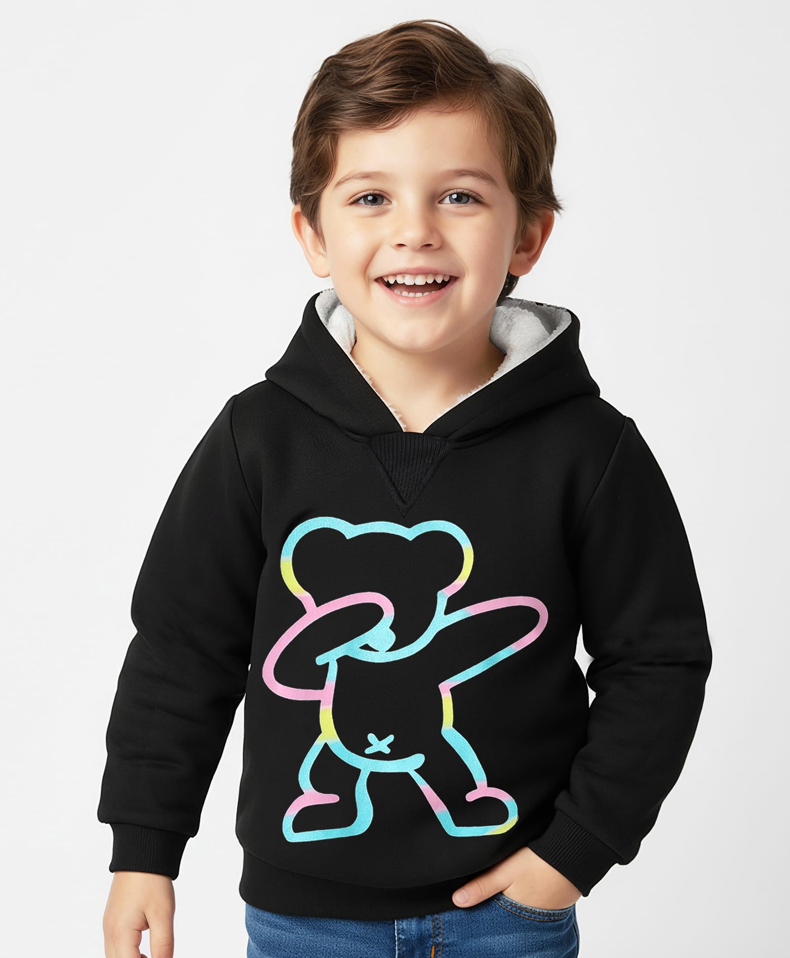 Mark & Mia Fleece Knit Full Sleeves Sweatshirt With Hood & Bear Print - Black-picture-35