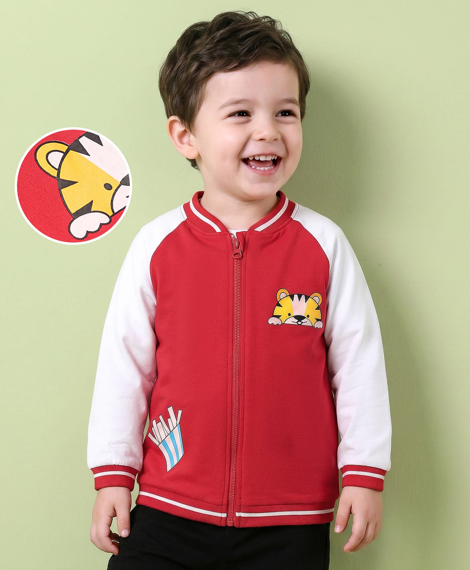 Mark & Mia Full Raglan Sleeves Bomber Jacket With Tipping Rib & Tiger Print - White-image-40