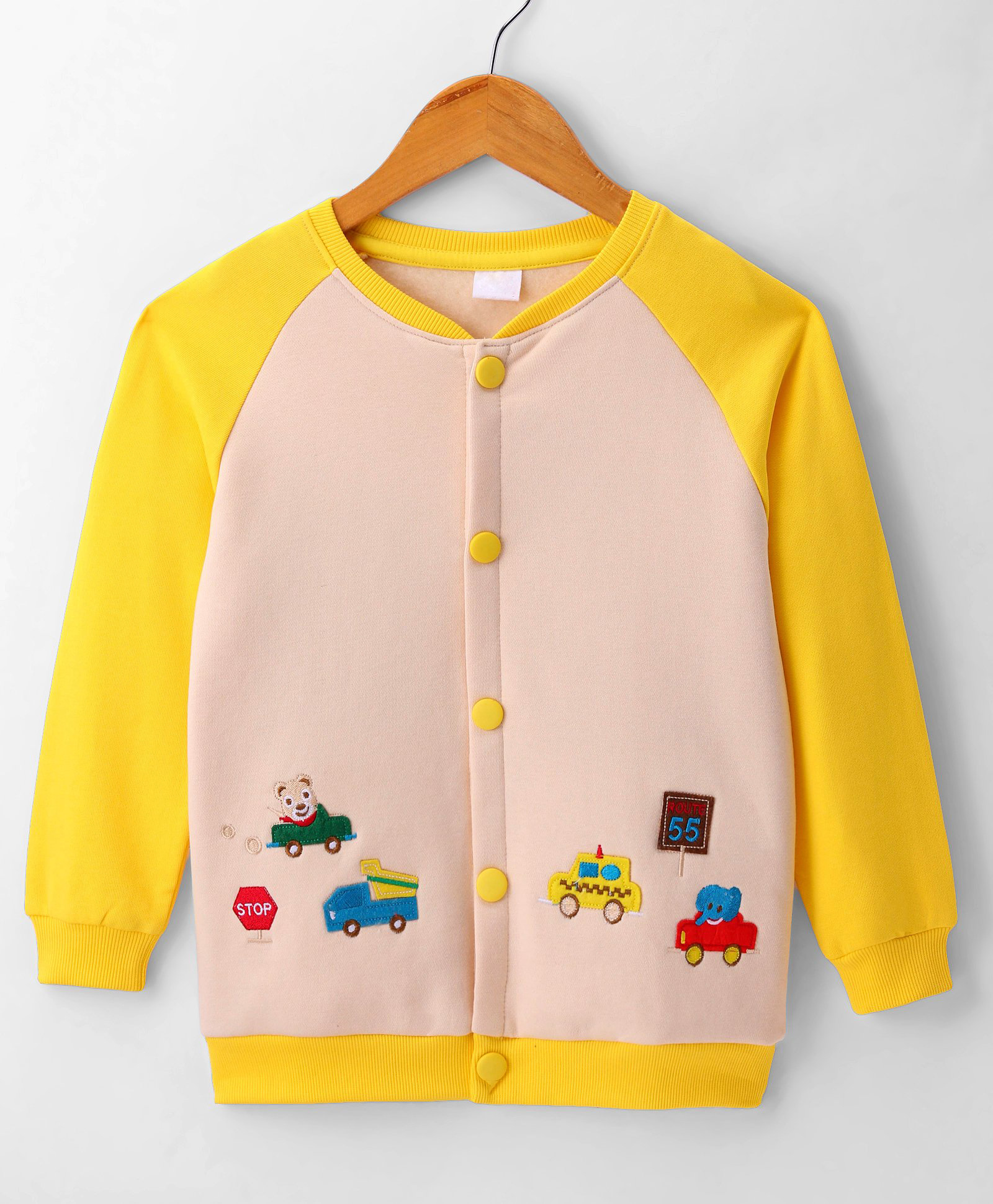 Mark & Mia Fleece Knit Full Raglan Sleeves Sweatshirt With Hood & Vehicles Patch - Cream & Yellow-image-13