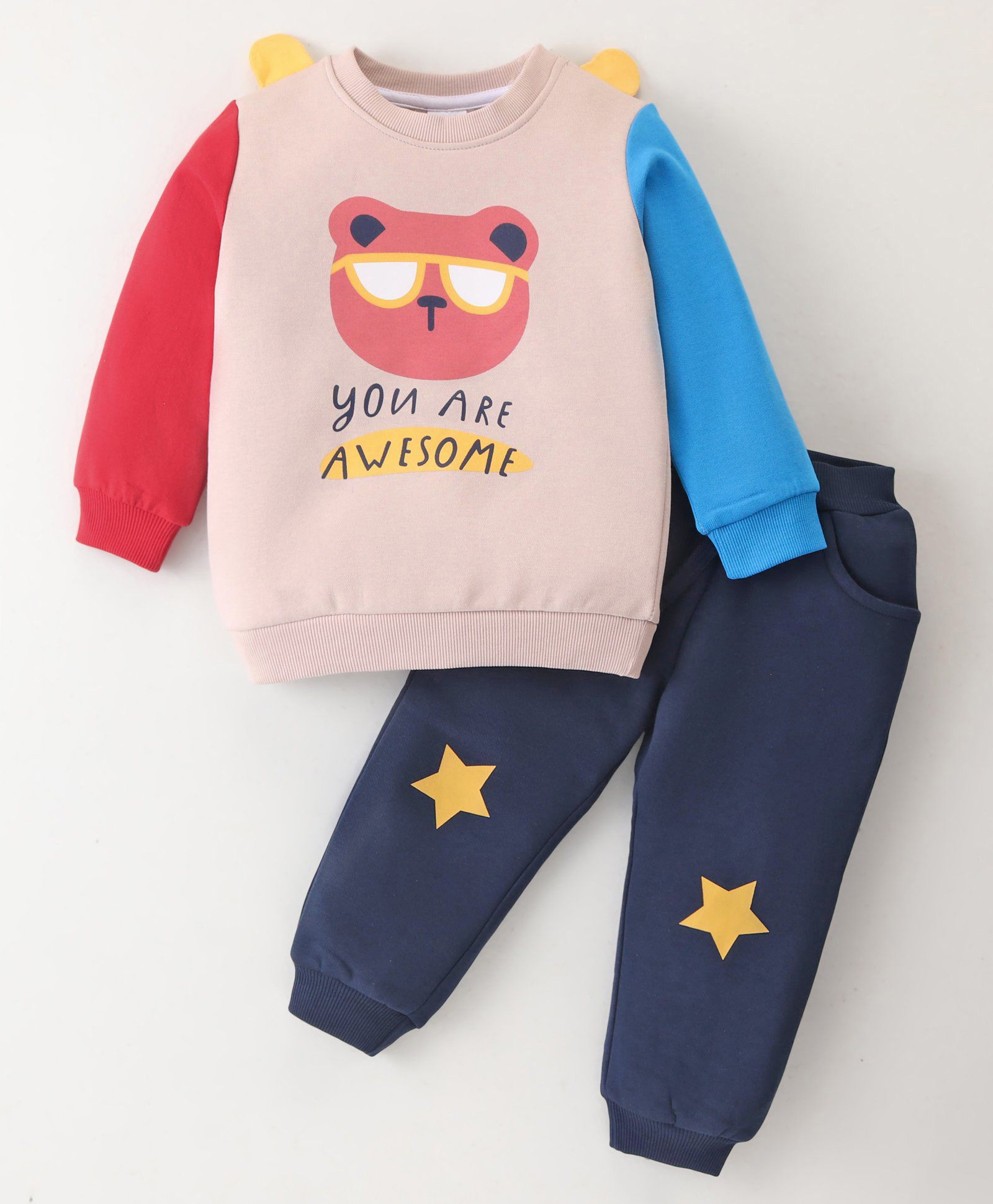Mark & Mia Fleece Knit Full Sleeves Winter Wear Suit with Teddy Print & Spikes Detailing - Light Red & Navy-image-27