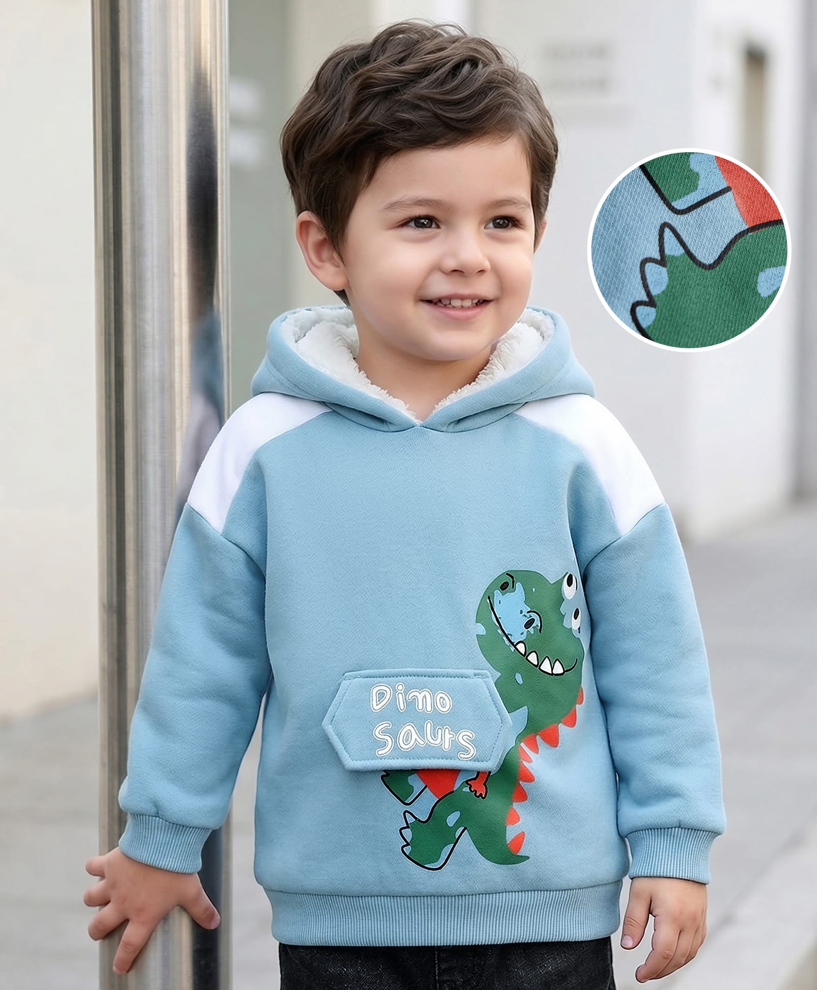 Mark & Mia Full Raglan Sleeves Hooded Sweatshirt with Dino Print & Fur Detailing - Light Blue-image-17