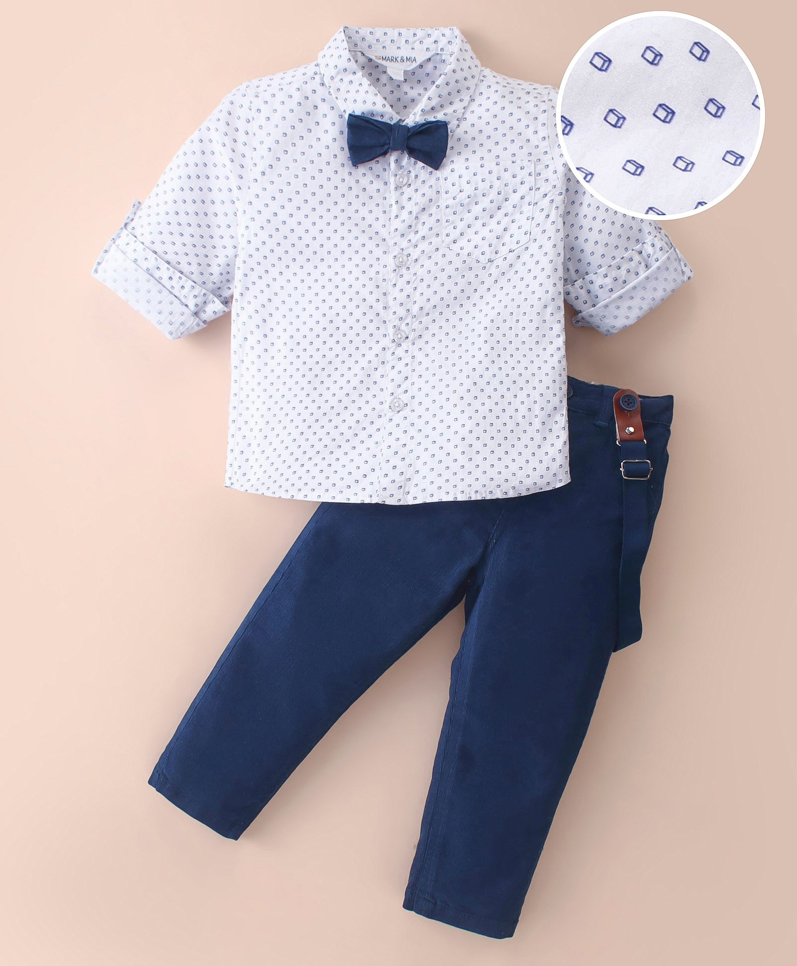 Mark & Mia Full Sleeves Printed Shirt & Trouser Set with Bow & Suspender - Blue & White-picture-34