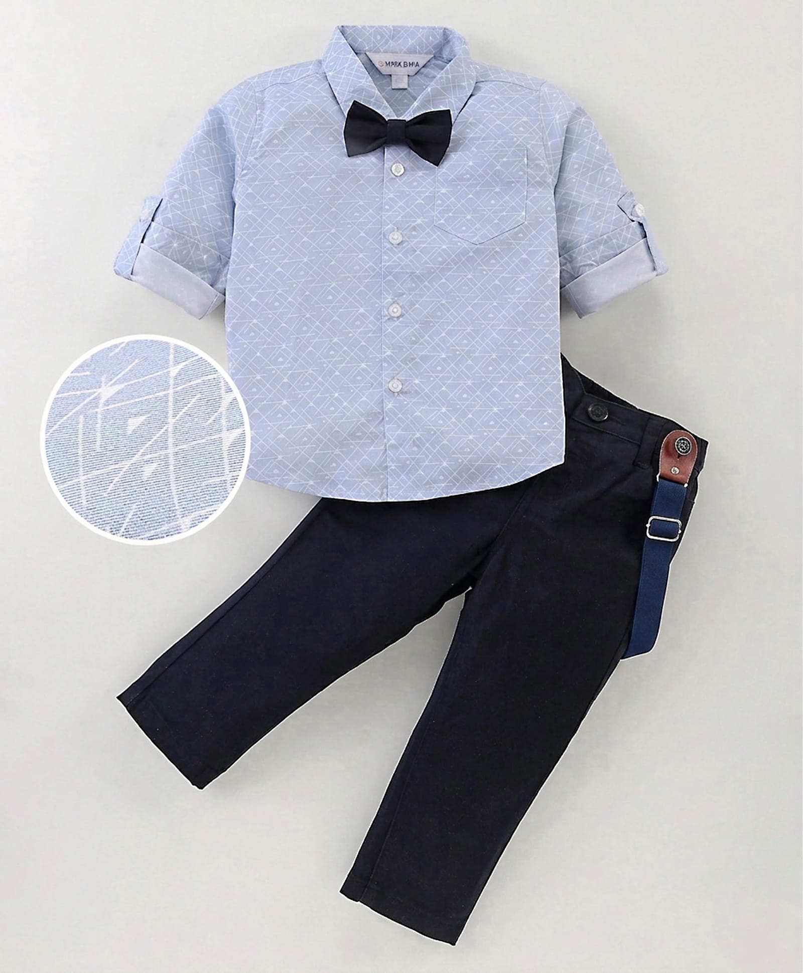 Mark & Mia Full Sleeves Geometric Printed Shirt & Trouser Set with Bow & Suspender - Light Blue & Navy-picture-13