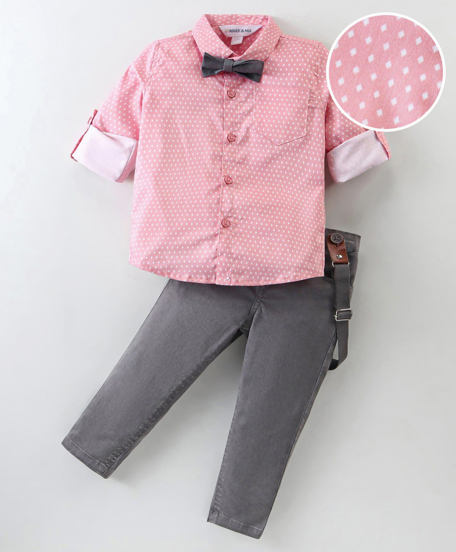 Mark & Mia Full Sleeves Printed Shirt & Trouser Set with Bow & Suspender - Pink & Grey-picture-14
