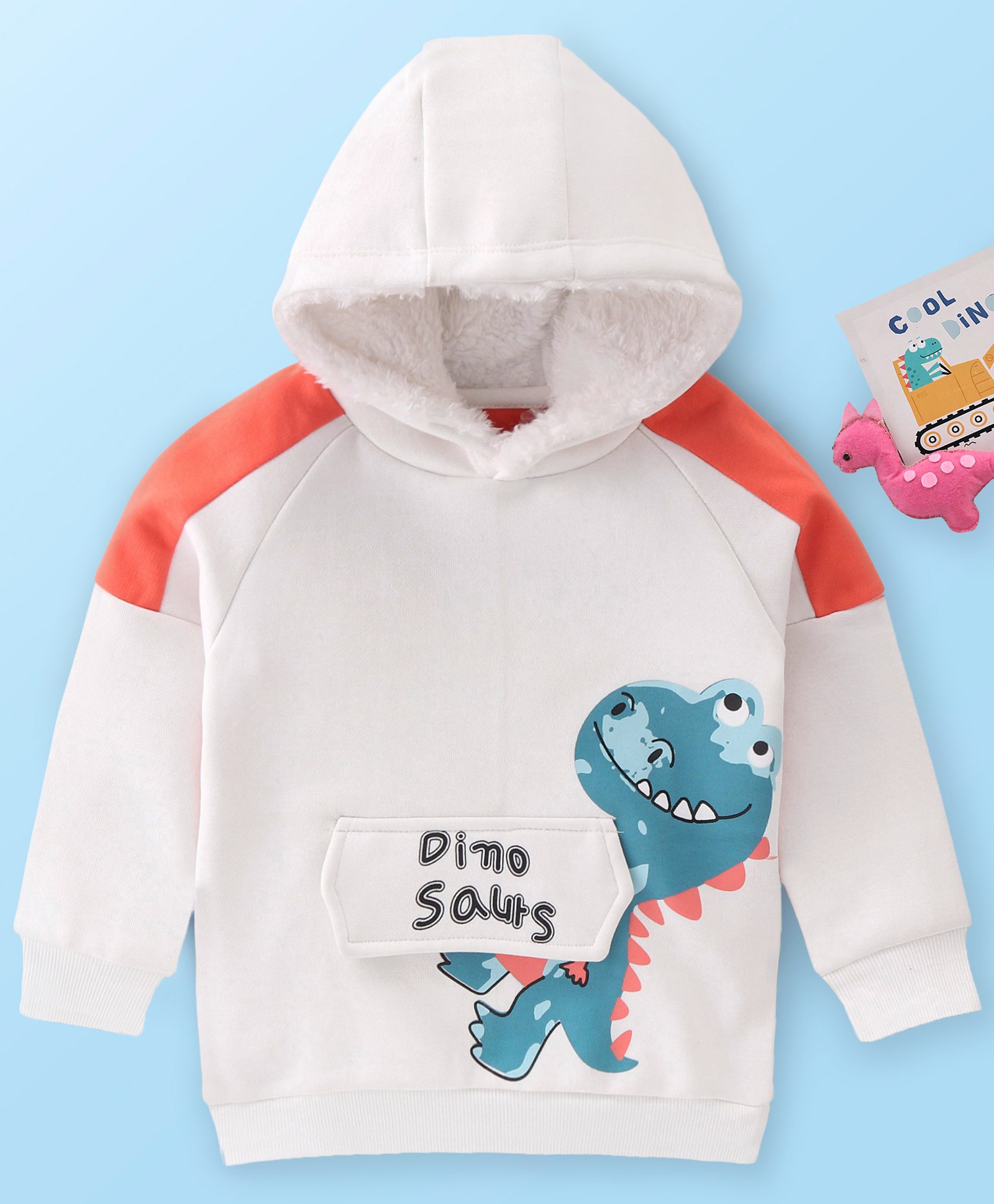 Mark & Mia Fleece Full Sleeves Hooded Raglan Sweatjacket with Dino Graphics & Flap Detailing - White-image-35