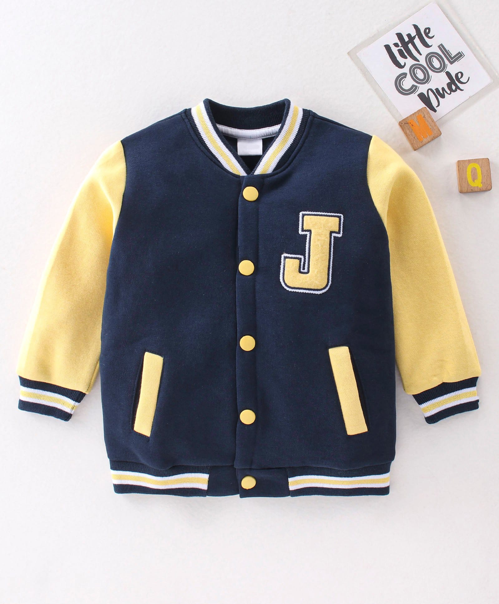 Mark & Mia Fleece Knit Full Sleeves Bomber Jacket Tipping Rib & Letter Detailing - Navy Blue-image-40