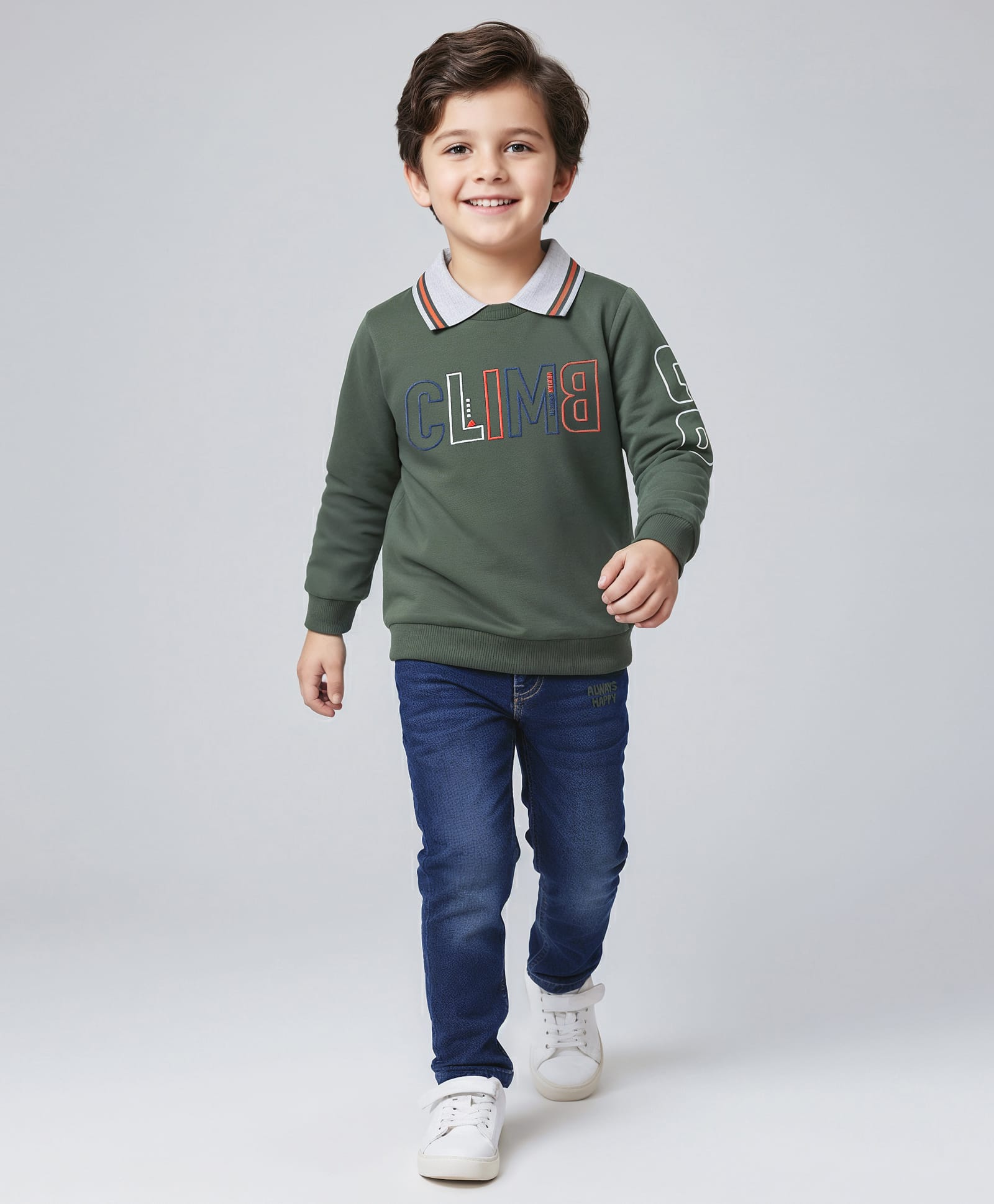 Mark & Mia Cotton Knit Full Sleeves Sweatshirt & Jeans Set With Text Print - Green & Blue-picture-21