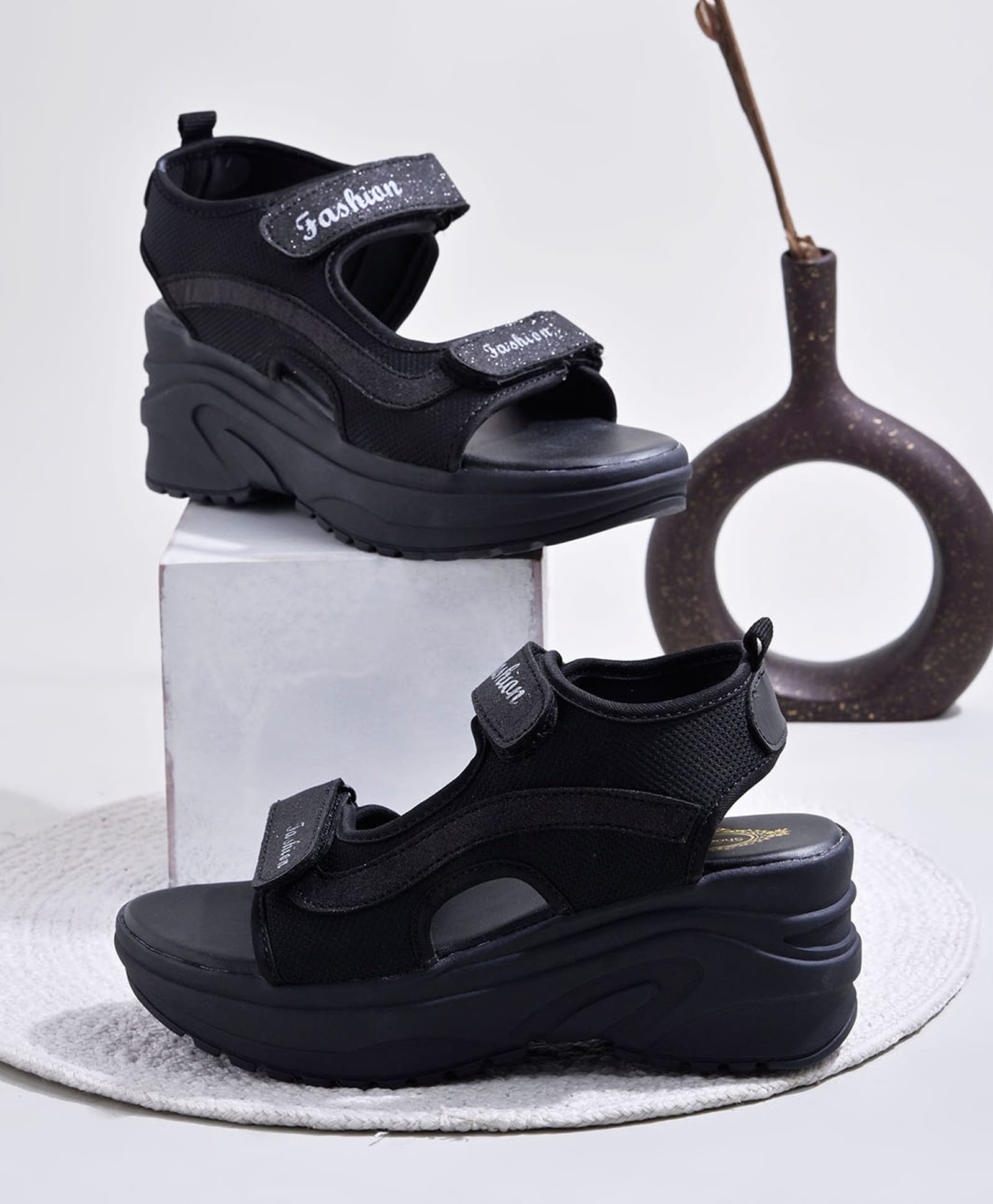 Shoetopia Fashion Text Designed Double Velcro Closure Sandal - Black-image-18