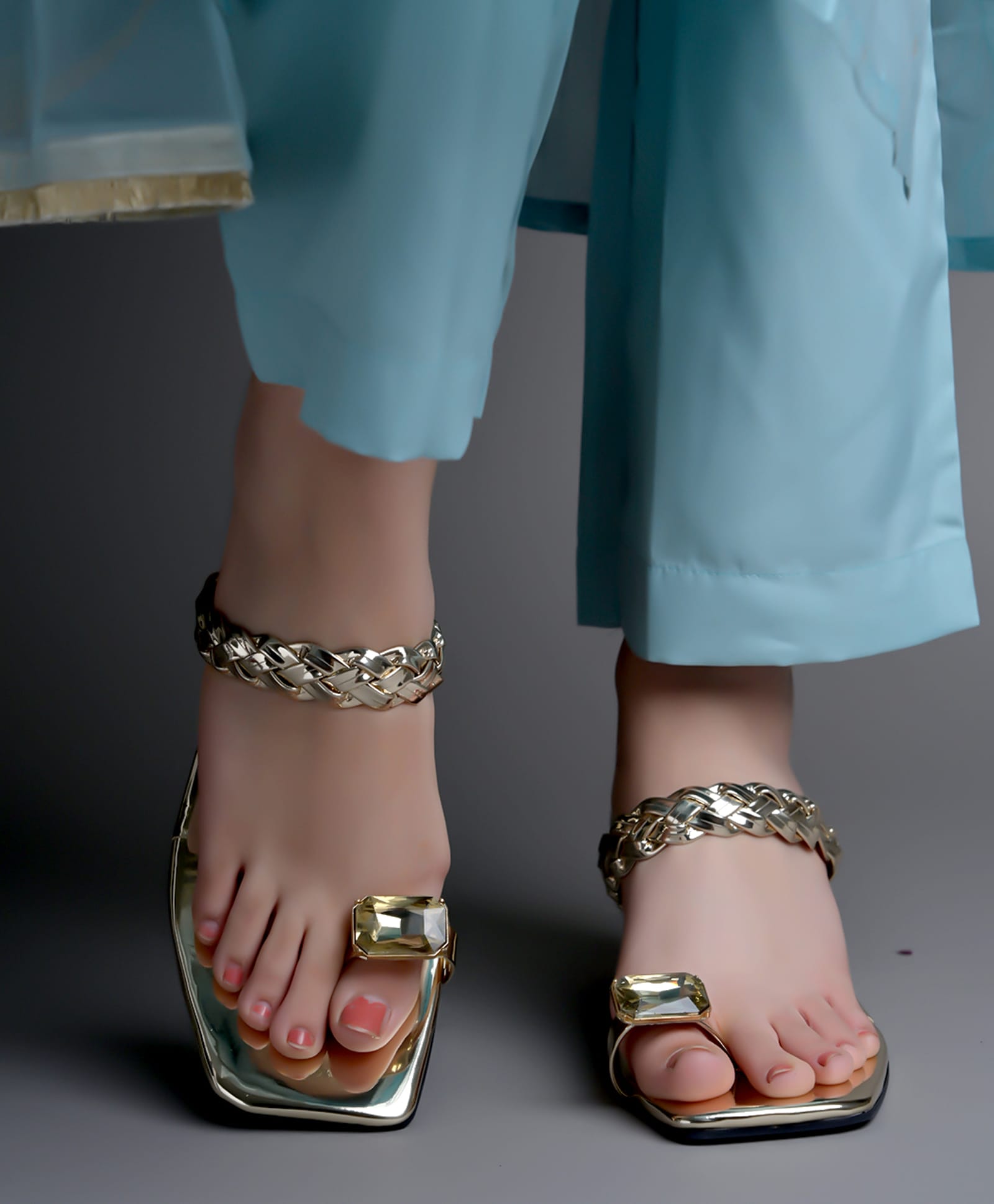 Shoetopia Stone Embellished Metallic Heeled Sandals - Golden-picture-22
