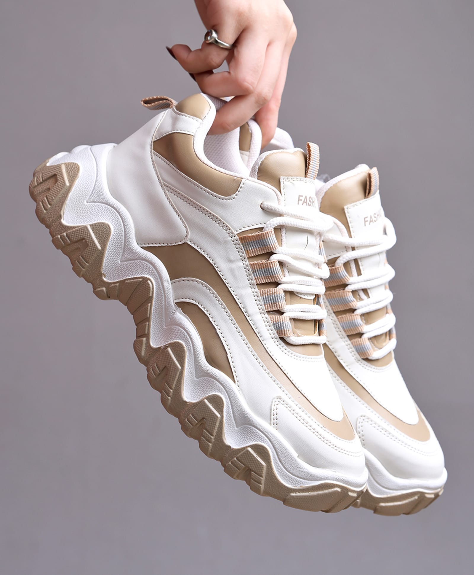 Shoetopia Fashion Text Designed Lace Up Sneakers - Tan-picture-20