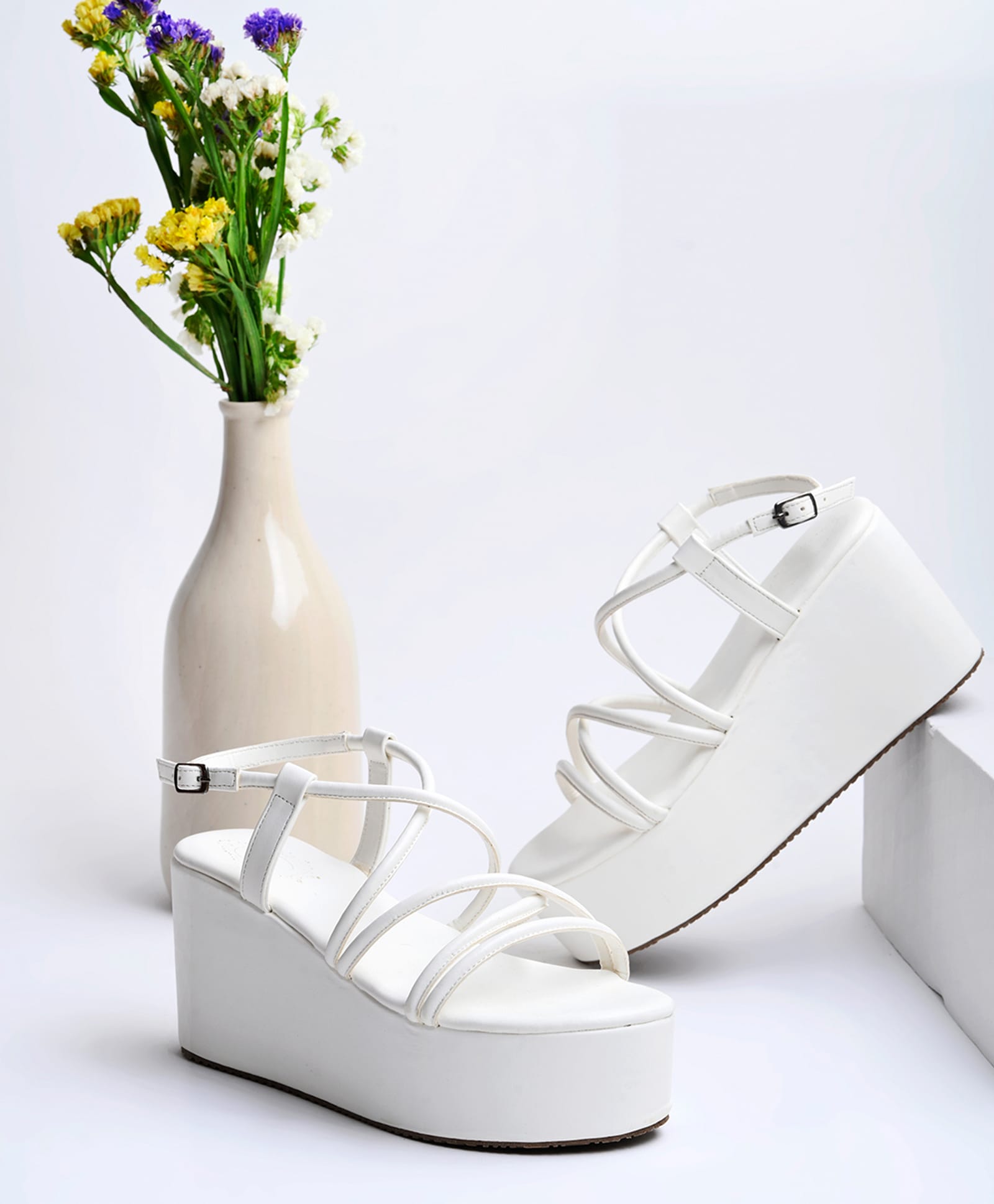 Shoetopia Solid Platform Heeled Gladiator Sandals - White-picture-10
