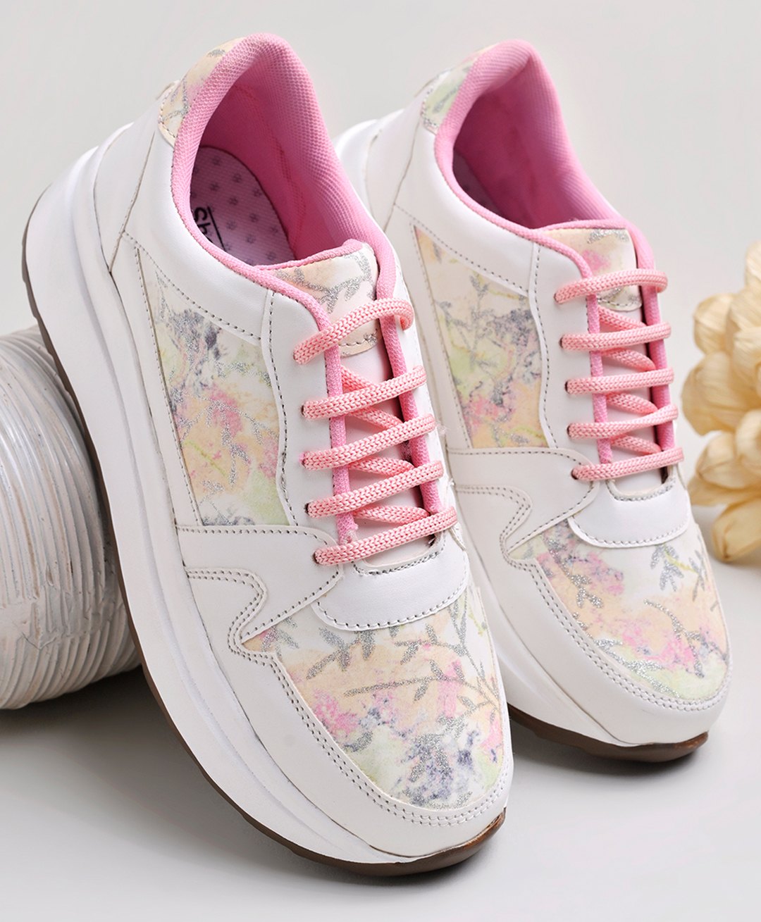 Shoetopia Abstract Designed Lace Up Shoes - Pink & White-picture-38