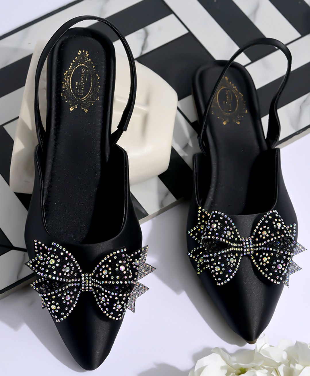 Shoetopia Sequins Embellished Bow Designed Mule Sandals - Black-image-22