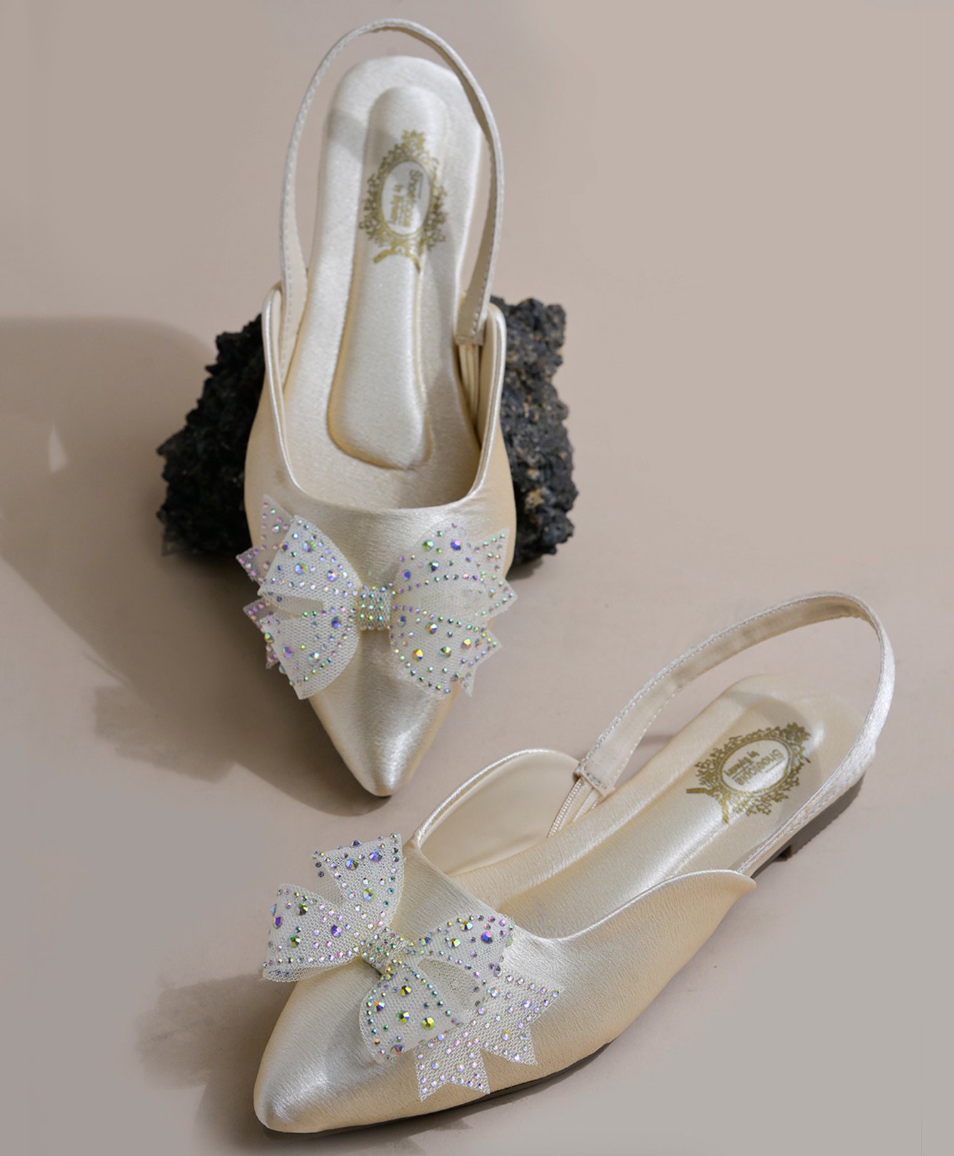 Shoetopia Sequins Embellished Bow Designed Mule Sandals - Cream-image-19