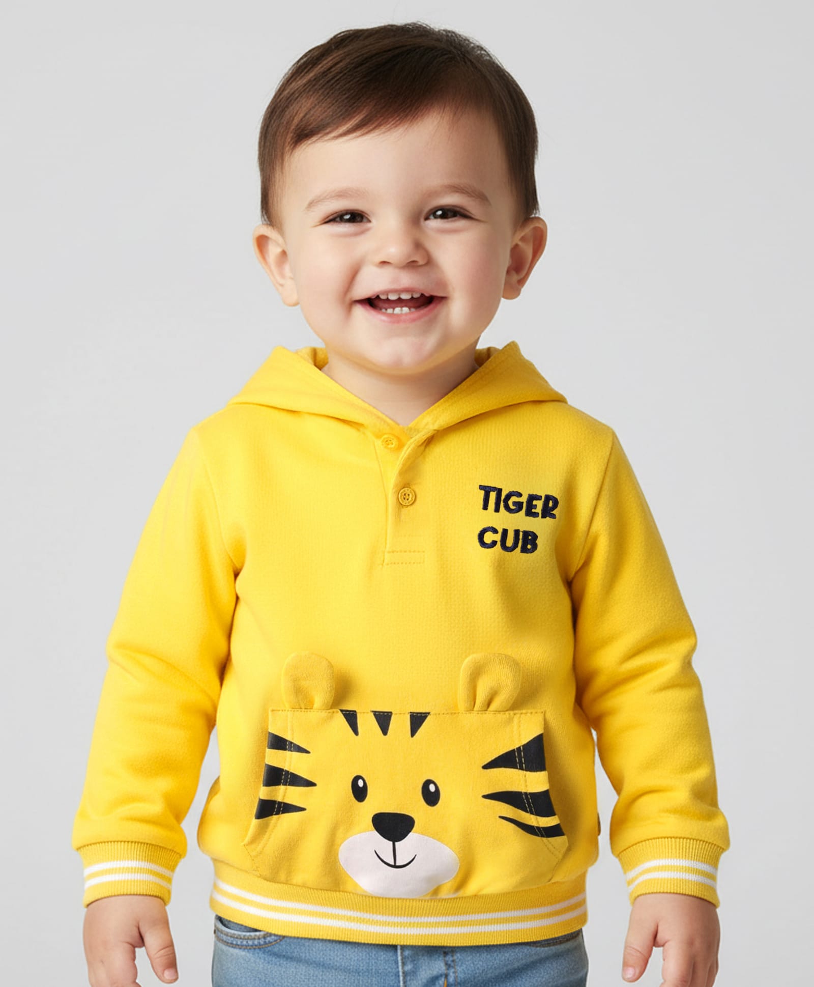 Babyhug Cotton Knit Full Sleeves Hooded Sweatshirt with Tiger Print & Kangaroo Pocket - Yellow-picture-21