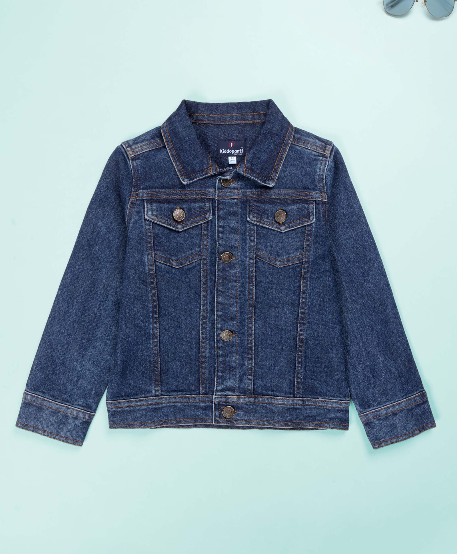 Kiddopanti Full Sleeves Solid Pocket Detailed Denim Woven Jacket - Dark Blue