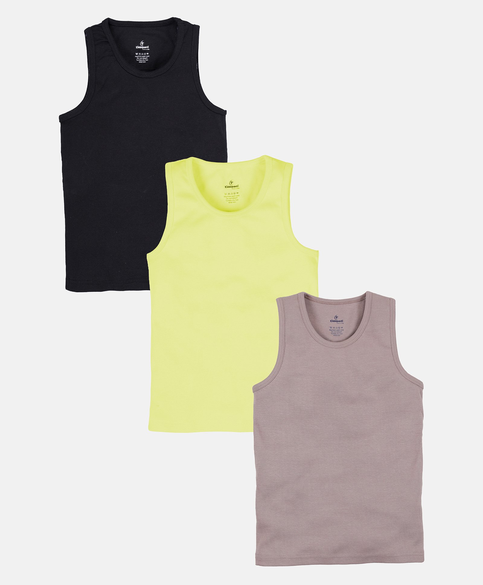 Kiddopanti Cotton Knit Pack Of 3 Solid Vests - Black Yellow & Dusty Brown-image-36