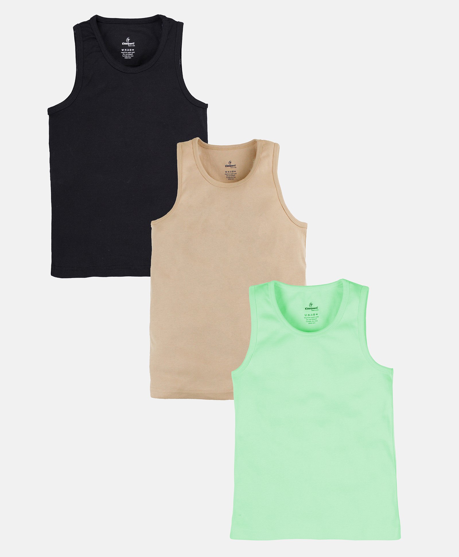 Kiddopanti Cotton Knit Pack Of 3 Solid Vests - Black Beige & Light Green-image-25