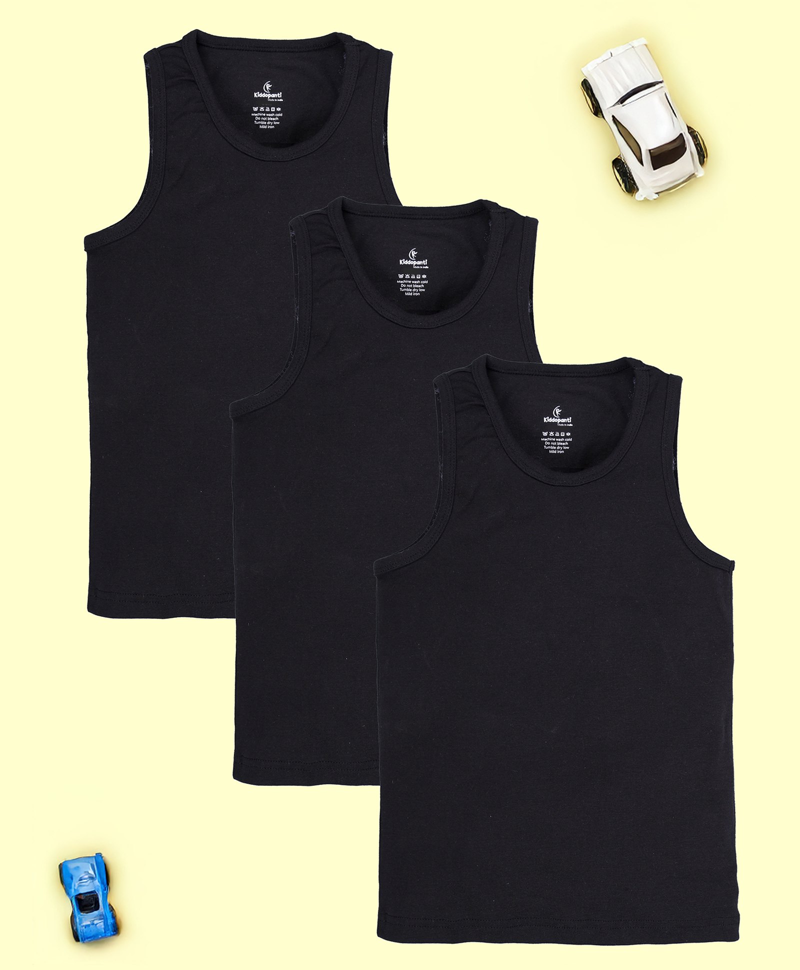 Kiddopanti Cotton Knit Pack Of 3 Solid Vests - Black-picture-28